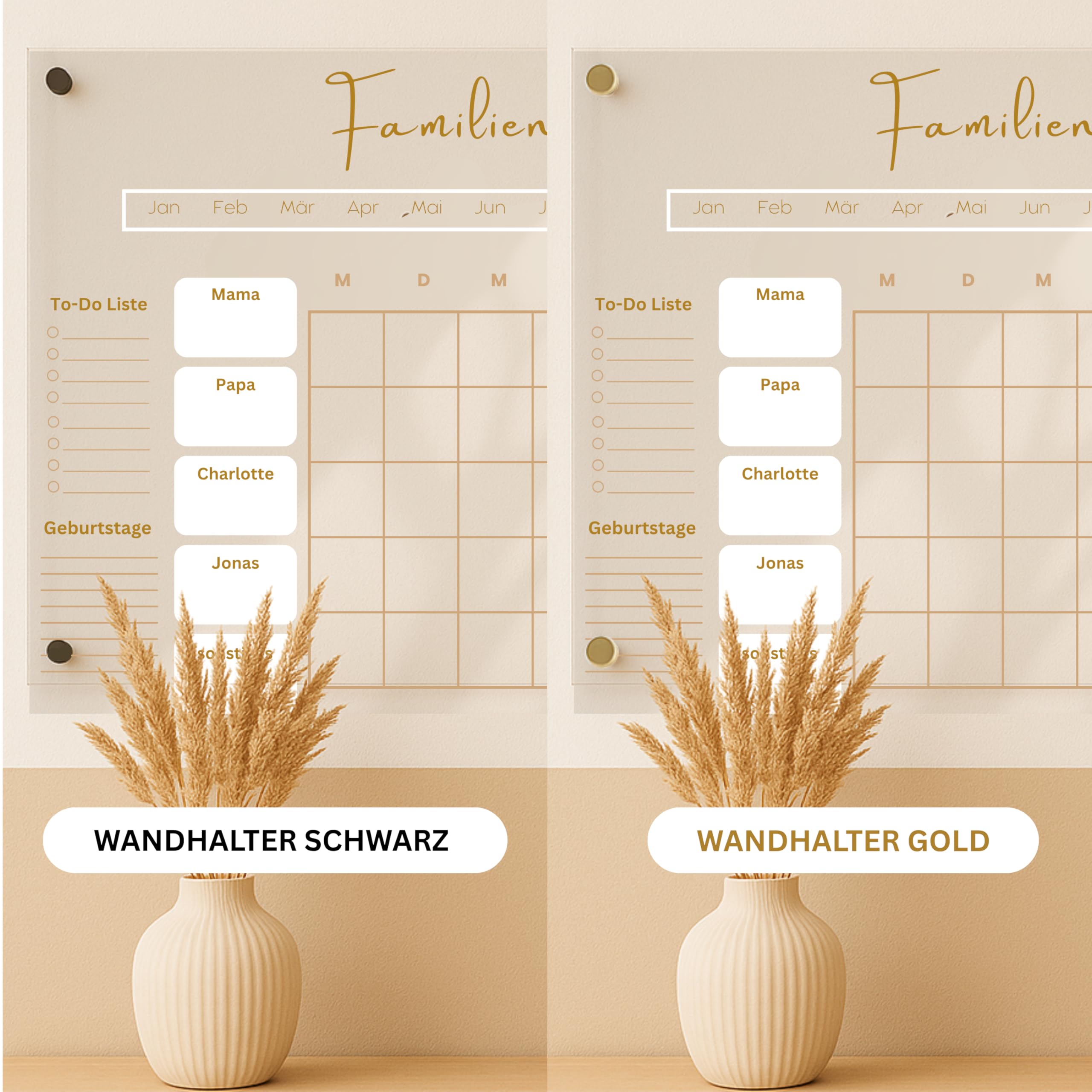 EmiliaLotte Personalisierter Familienplaner aus hochwertigem Acryl I Abwischbarer Wand Kalender für die ganze Familie I Wiederverwendbarer Monatsplaner mit Einkaufsliste, Menüplan & Mehr - Weiss Beige