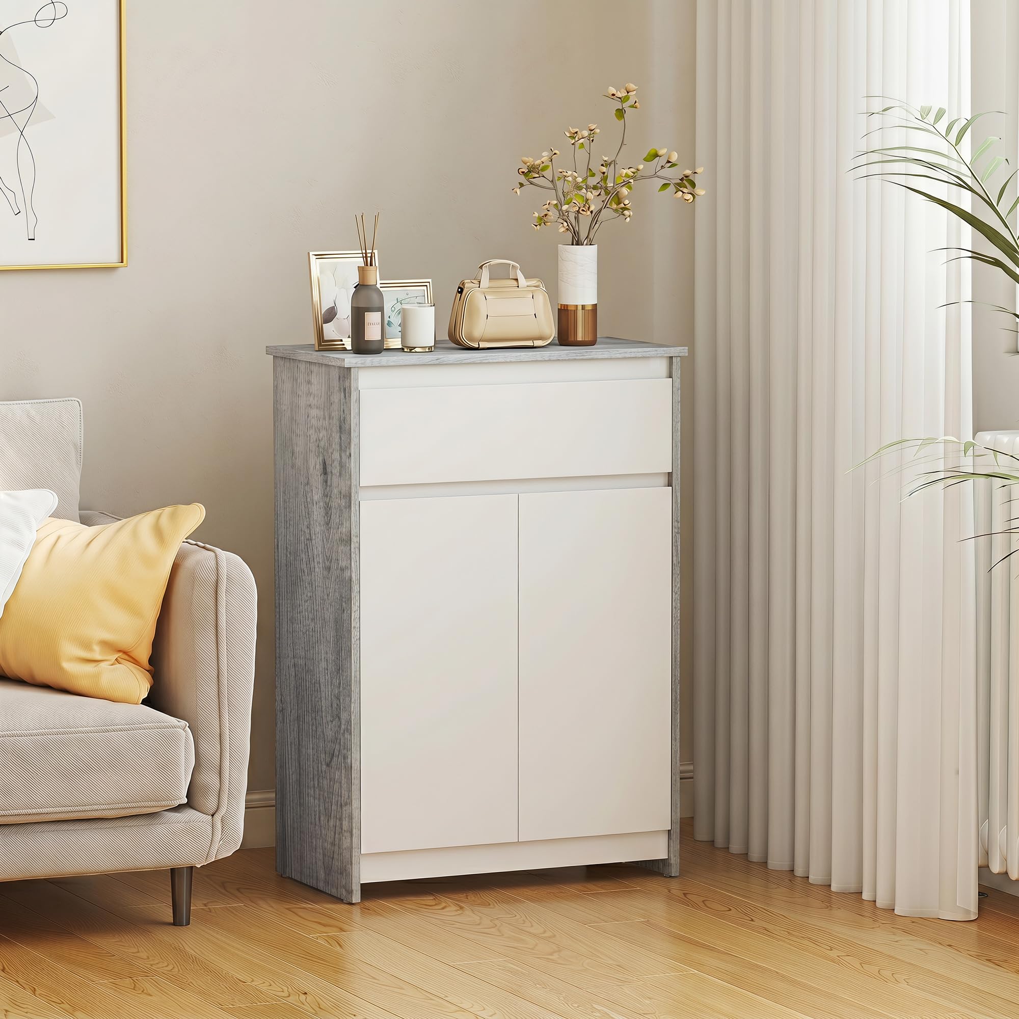 kleankin Mobile Bagno con Cassetto e Ante Doppie Grigio e Bianco | Mobiletto Bagno Salvaspazio, per Lavanderia, Effetto Legno