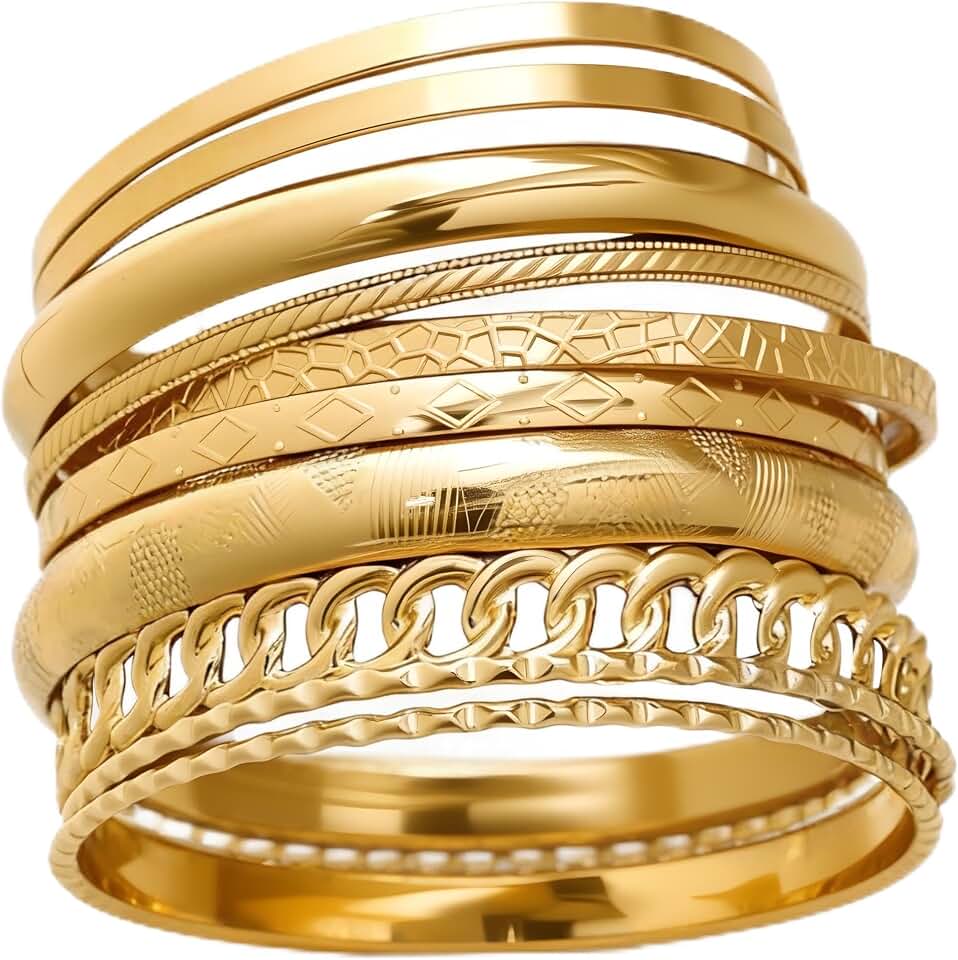 ÌF ME Gold Bangle Bracelets for Women, Indian Bangles Stackable Set, Multi Layer Textured 18K Gold Plated Chun