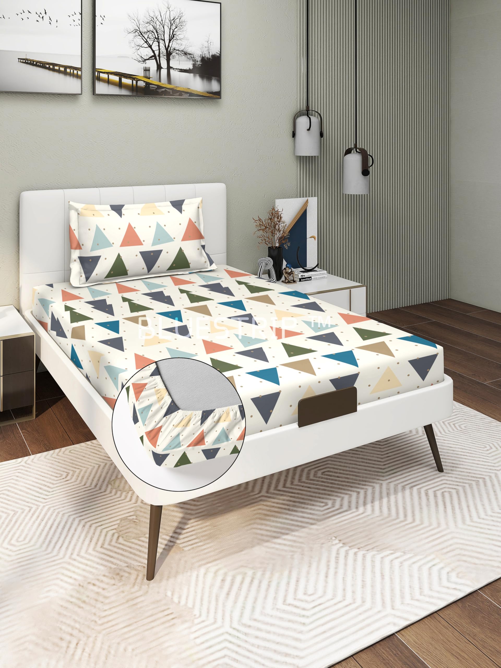 Blue Strip Polycotton Fitted Bedsheet, Single 42x75 (Multi Box) | 300 TC | All-Round Elastic Grip | Soft, Breathable & Colourfast | Wrinkle Resistant | Machine Washable