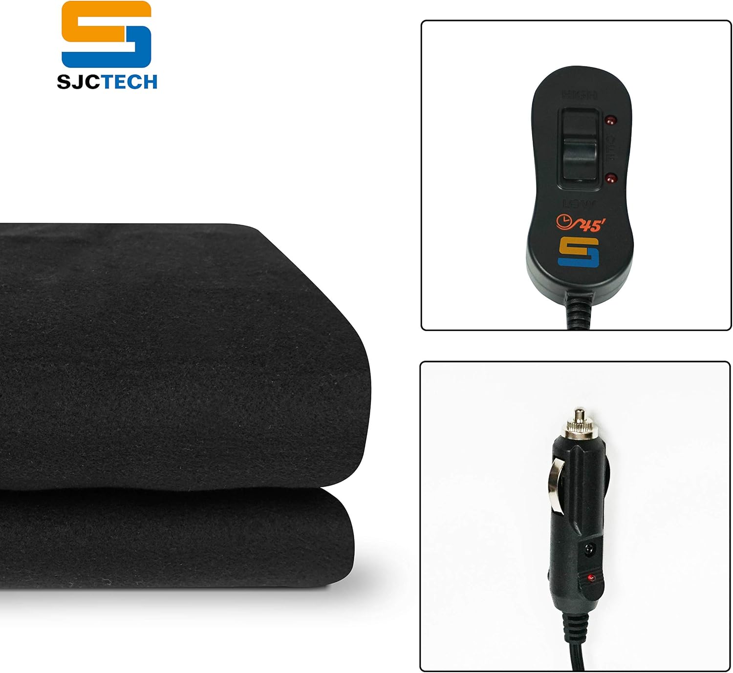 review SJC Electric Car Heated Blanket Fleece Travel Blanket with 45' Timer Hi/Low Heat Setting Electric Car Blanket Throws for Car,57” x 39” Black