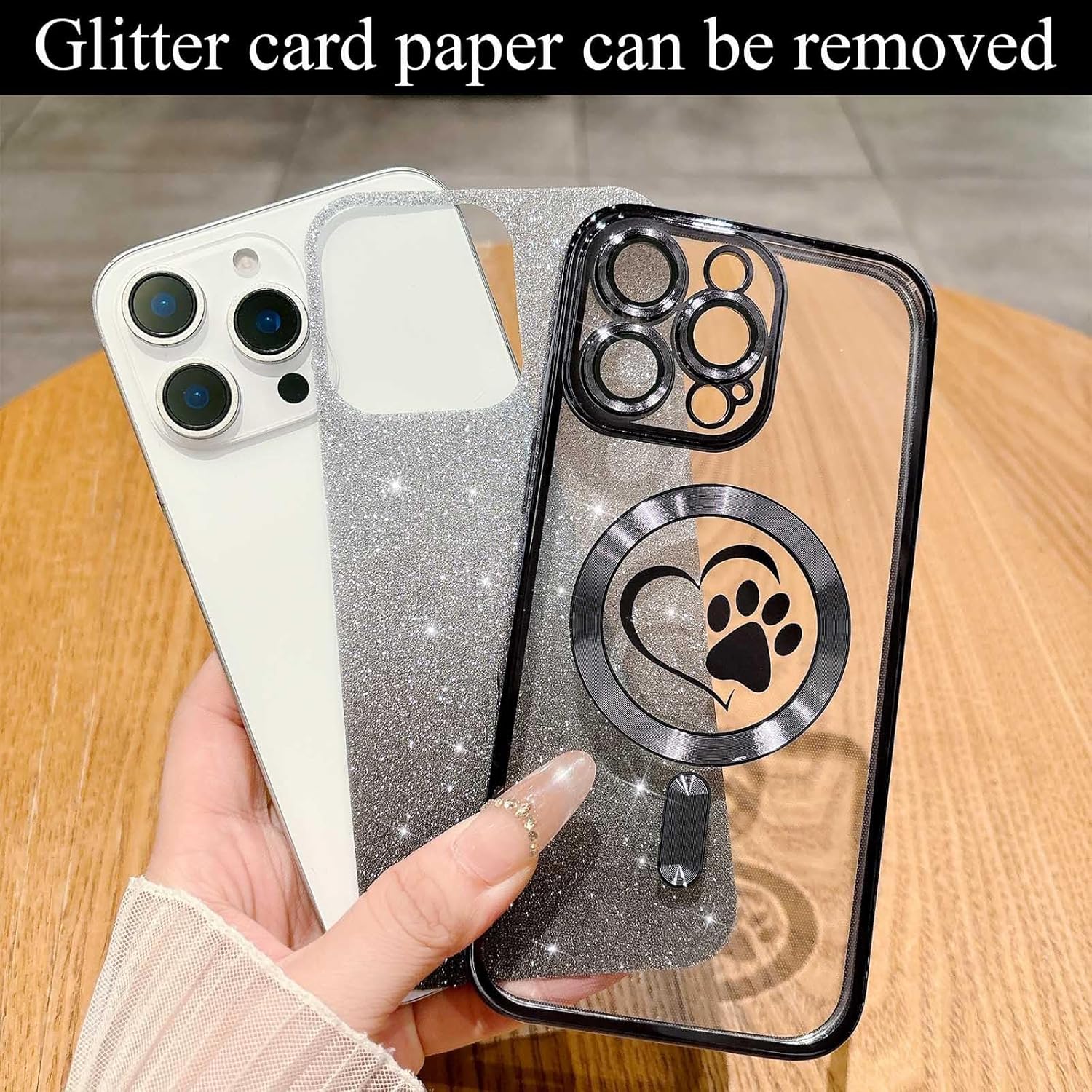 for iPhone 15 Pro Max Case, Glitter Clear Cute Paw Love Heart, Compatible with MagSafe, Strong Magnetic Full Camera Lens Protection Cover, Soft Slim Bling Phone Case 6.7" - Black Black for iphone 15 Pro Max 6.7" (3 Lenses)
