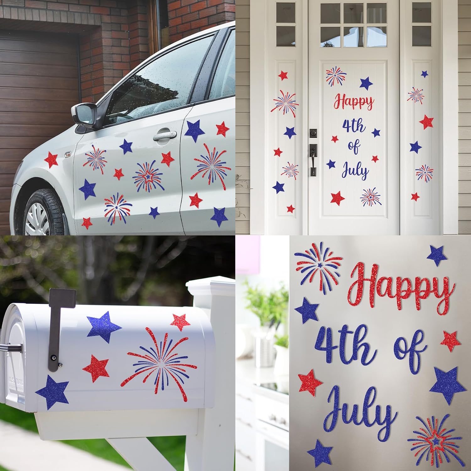 FYSUIMU 29 Pcs Patriotic Garage Magnets Decoration Happy 4th of July Garage Door Decals Sparkly Red Blue Star Firework Magnetic Stickers for Independence Day Party Home Refrigerator Car