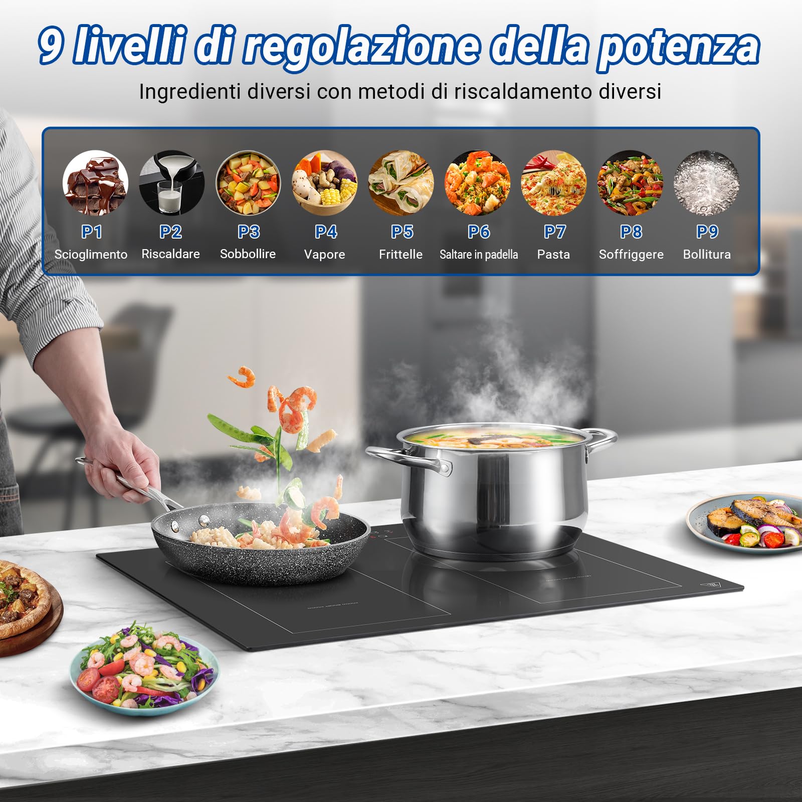 AMZCHEF Piano cottura a induzione 60 cm con due zone flessibili, piastra a induzione a 4 zone con funzione boost e 9 livelli di potenza, funzionamento touch, timer, blocco di sicurezza, 7200W