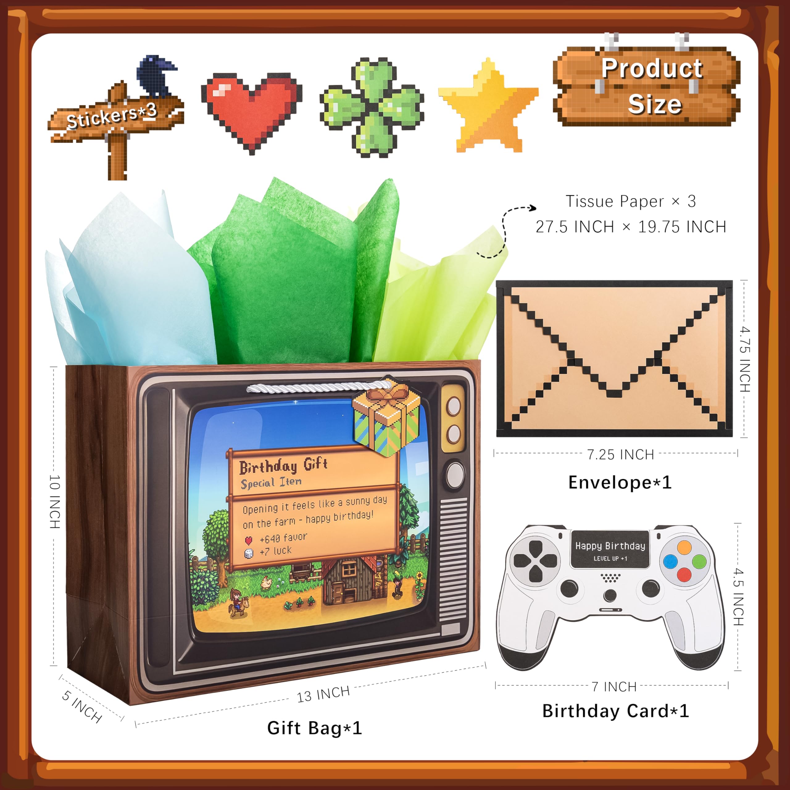 Crisky Gamer Birthday Gift Bag Set – Pixel Art Design with Greeting Card, Tissue Paper & Stickers | for Boys, Men, Video Game Party Favors & Decorations, 13 inch