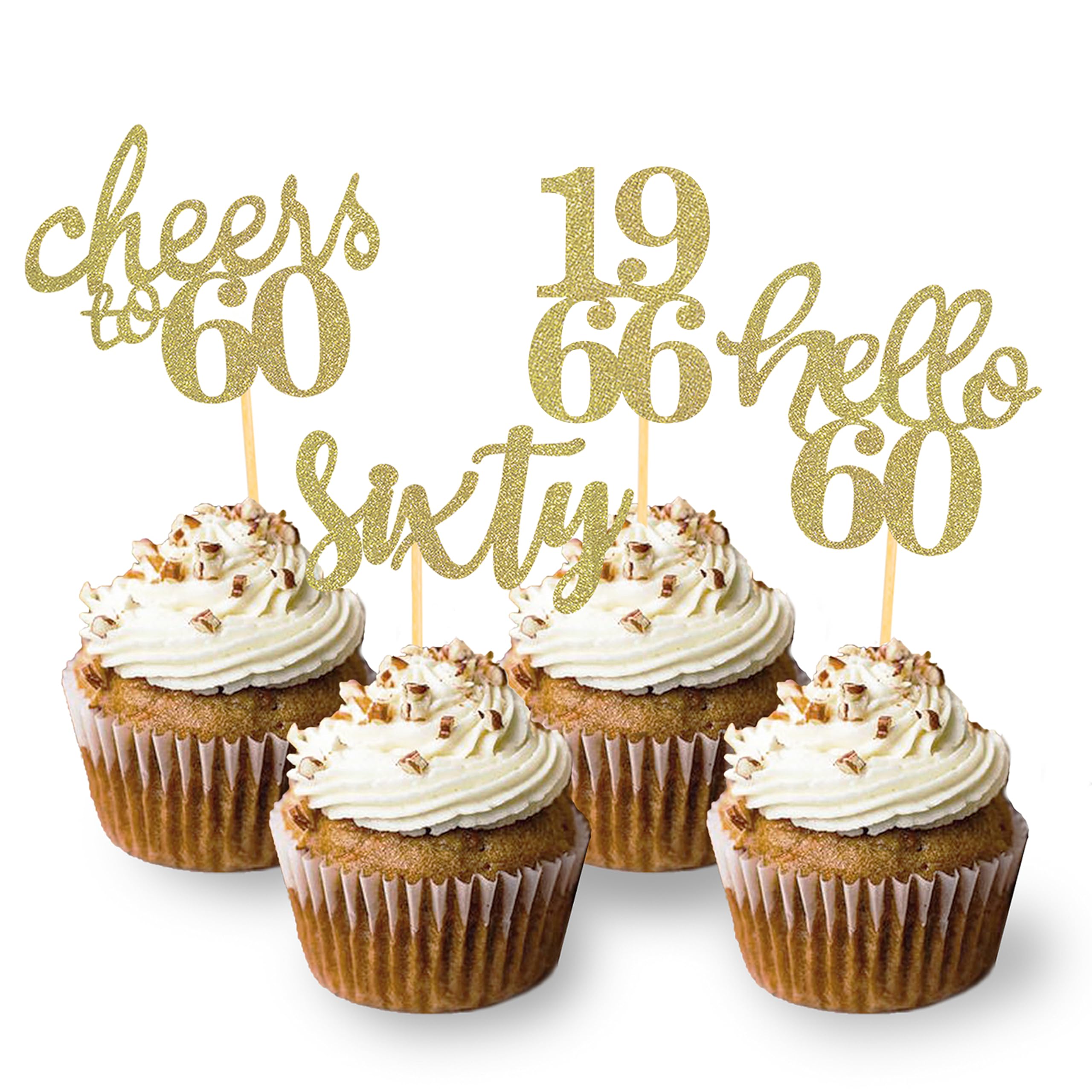 24 Pcs Glitter 60th Birthday Cupcake Toppers, Since 1966 Cupcake Picks for Celebrating Sixty Years Old Birthday Decorations for 60th Anniversary Party Supplies (Gold-1966)