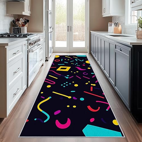 Memphis Runner Rug 3x8 - Hallway Runner Rug Retro 70s 80s Pattern, Non Slip, Washable, Memphis Home Decor Carpet for Kitchen, Entryway, Bedroom,