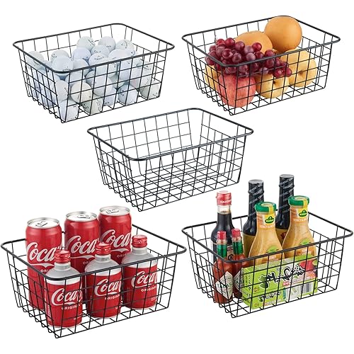 JUNCHU CHERRY Pantry Organization and Storage 5 Pack , Wire Storage Baskets for Kitchen, Laundry, Garage, Fridge, Bathroom Countertop Organizer,Black