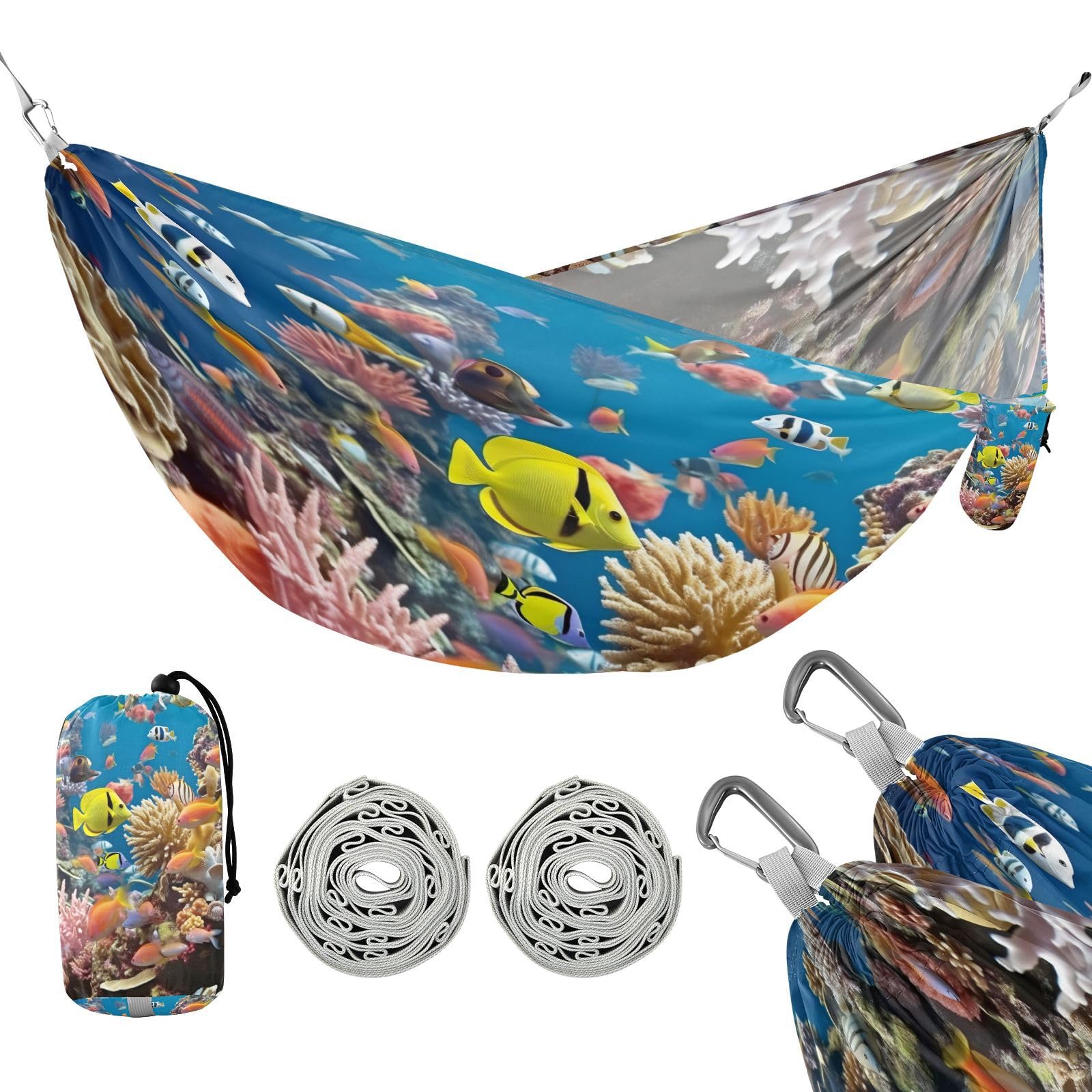 SDMKA Colorful Fishes Camping Hammock, 330 lbs with 2 Tree Straps, Carry Bag, Single Portable Hammock for Outdoor/Indoor, Hiking, Beach, Backpacking, Travel