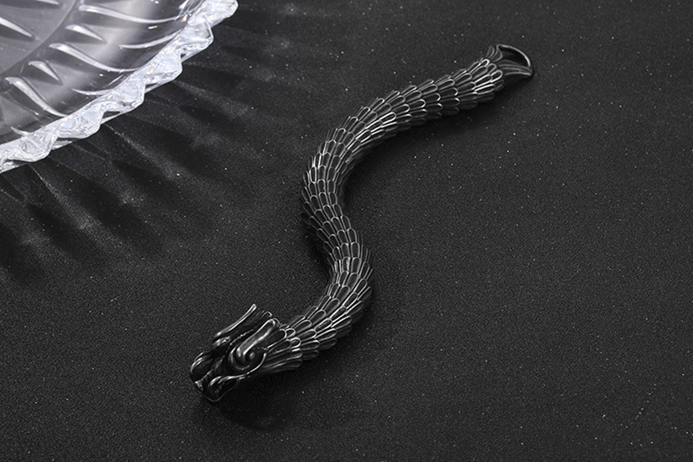 Bracelet Homme Dragon Noir Acier Inoxydable, Chaîne Large 15.2mm Punk Fantaisie