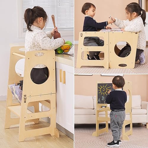 Toddler Tower with Chalkboard 4-in-1 Kids Step Stool Kitchen Stool Helper with Anti-slip Children's Table and Chairs Set for 1-6 Years Montessori