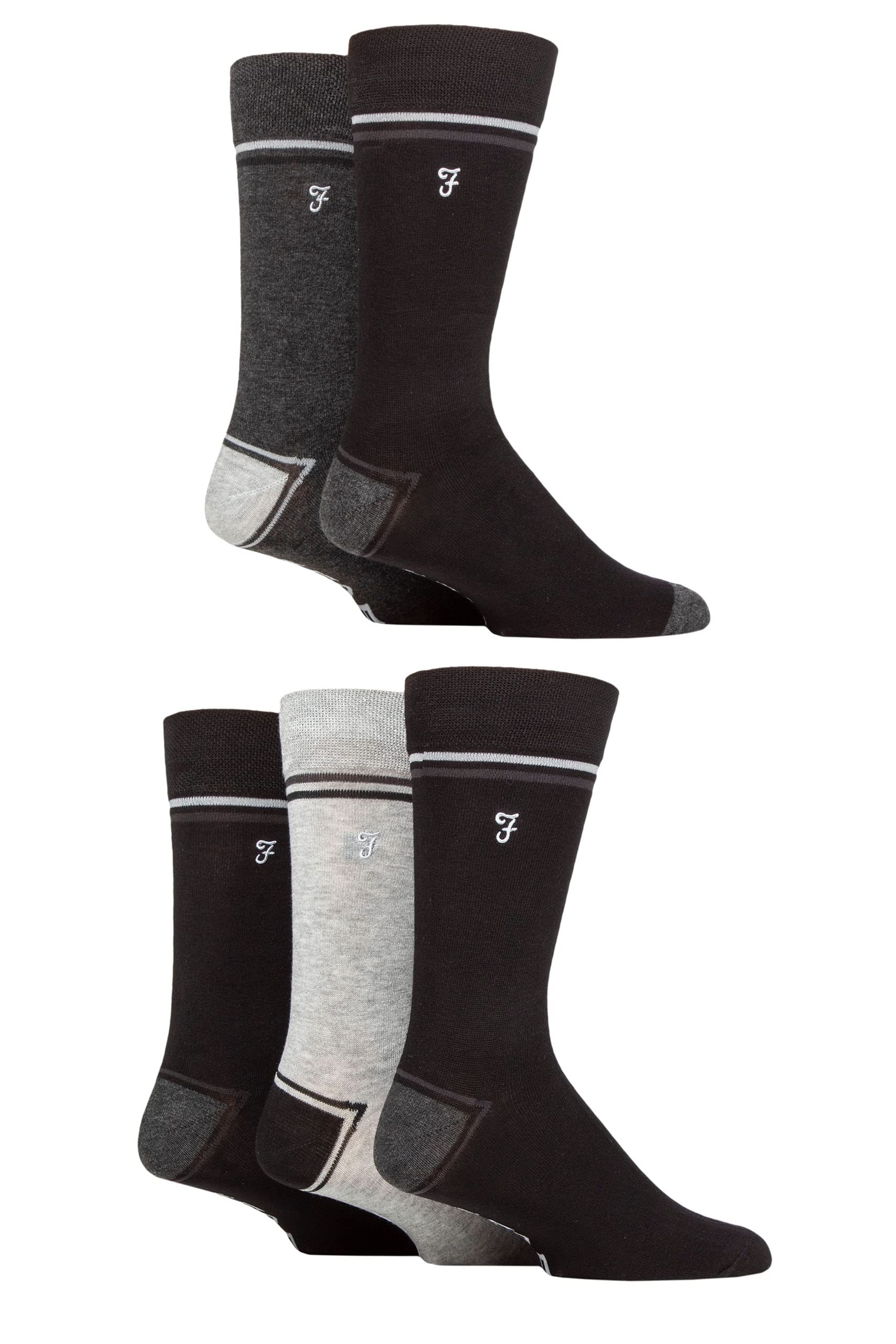 Farah Men's Contrast Heel & Toe Black / Charcoal Bamboo Socks Plain And Patterned Striped Argyle Spotty Designs, Bright Colourful, Gift For Him, 5 Pairs - Contrast Heel & Toe Black/Charcoal 6-11