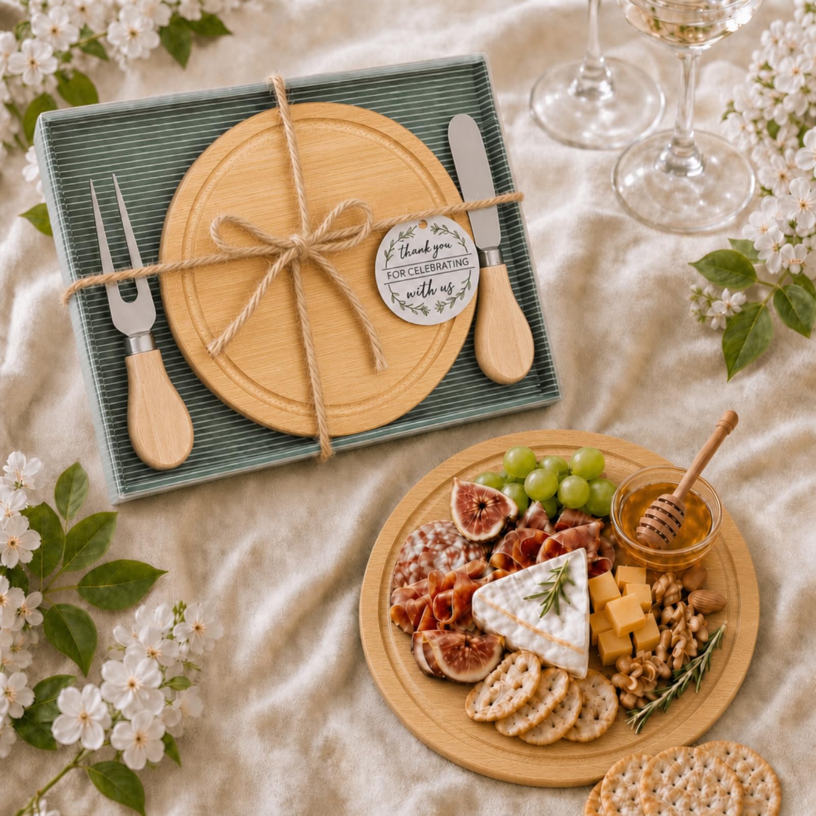 Maxcheck Set di 6 mini taglieri rotondi in legno per salumi, con coltelli e forchette, etichette di ringraziamento, con scatola regalo per gli ospiti e feste di nozze (bambù)
