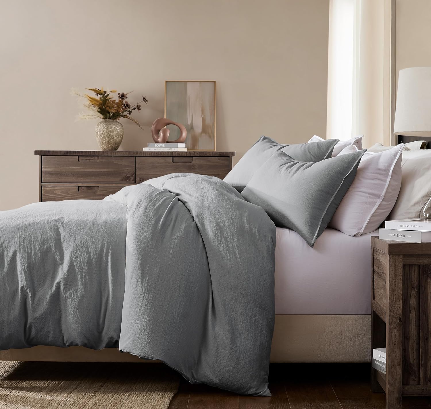 WDCOZY Grey Queen Size Jacquard Duvet Cover Set with Zipper Closure, Modern Washed Soft Striped Bedding, Textured Seersucker Like Cotton Linen, 1 Duvet Cover and 2 Pillow Shams, No Comforter