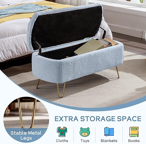 Miniatura 5 de Banco otomano de almacenamiento moderno, banco de entrada tapizado con diseño de boucle vintage, banco de pie de cama con patas doradas, banco