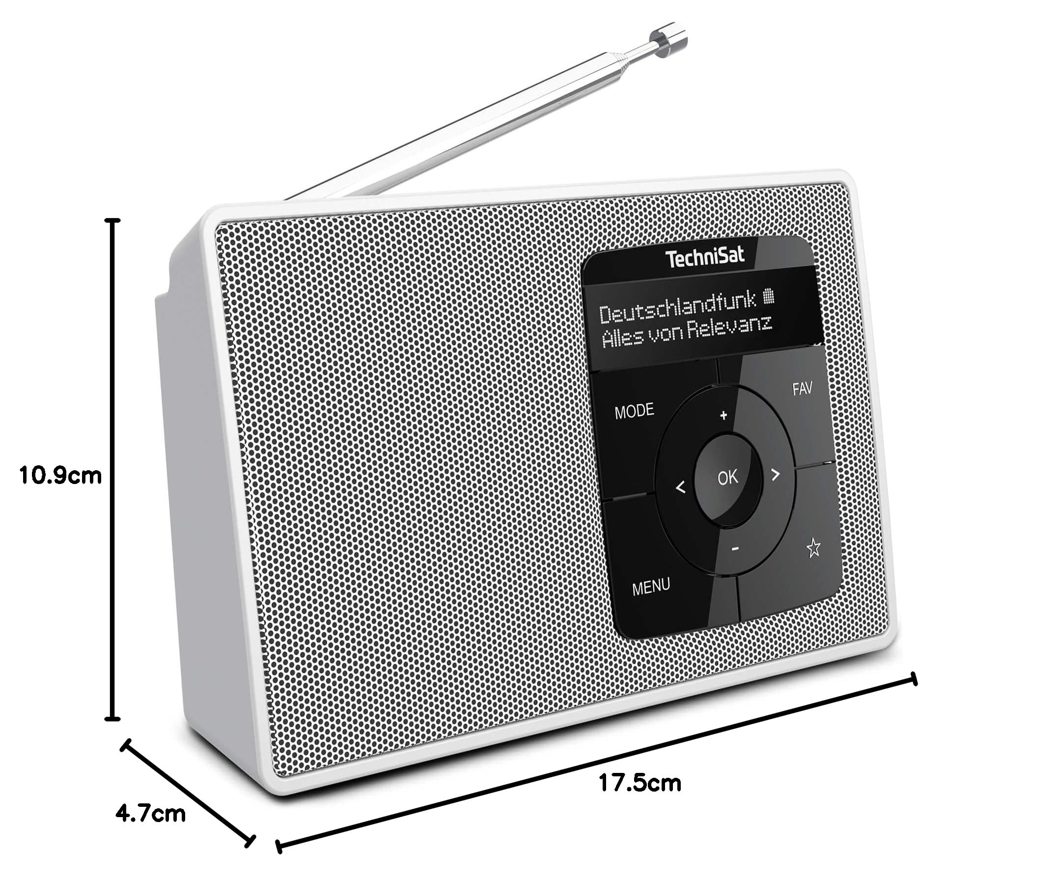TechniSat Digitradio 2 – przenośne radio DAB+/FM z akumulatorem (z Bluetooth Audio Streaming, funkcja budzika, wyświetlacz OLED, gniazdo słuchawkowe, głośnik 1 W RMS) białe/białe