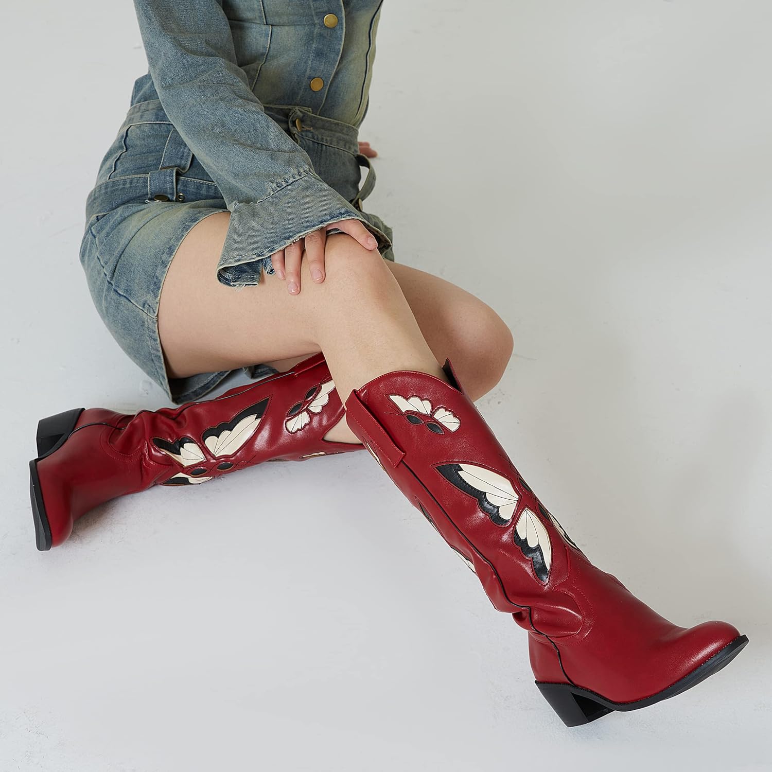 CYNLLIO Womens Cowgirl Boots Vintage Fashion Butterfly Embroidery Western Cowboy Boots Chunky Cork Heel Wide Mid Calf Boots Pull on Cosplay Shoes - Image 5