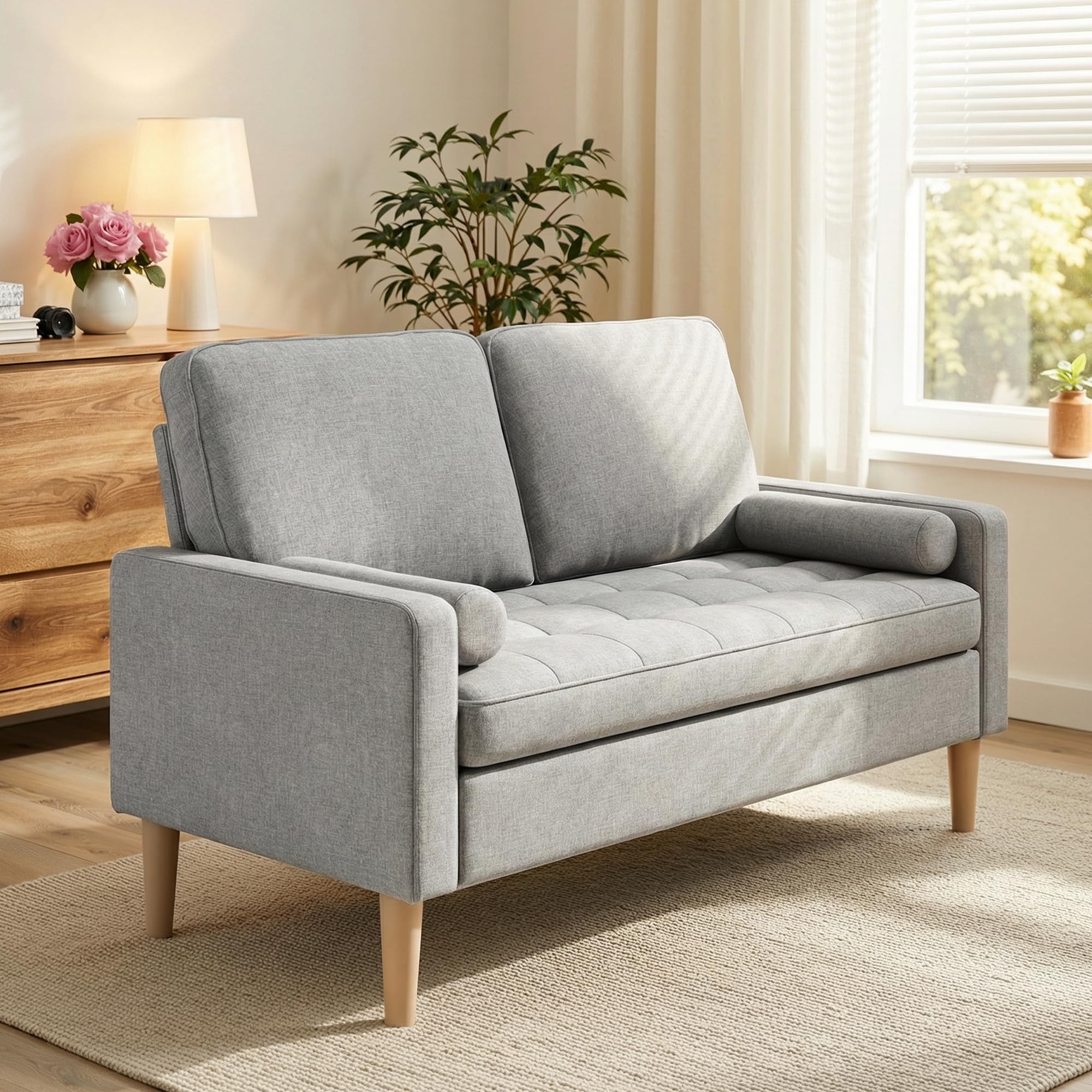 Sofá Pequeño de 2 Plazas con Reposabrazos, Mini Sofá de Tela con 2 Cojines para Salón, Apartamento, Oficina, Apartamento, Fácil Montaje, 121 x 76 x 87 cm (Gris)