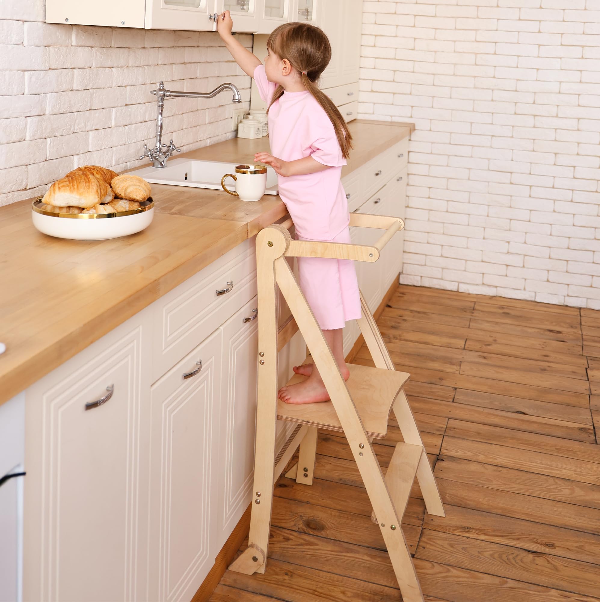 Montessori Learning Tower in legno, torre di apprendimento pieghevole per bambini, salvaspazio, anti-ribaltamento, antiscivolo, sgabello per cucina e bagno, design sottile