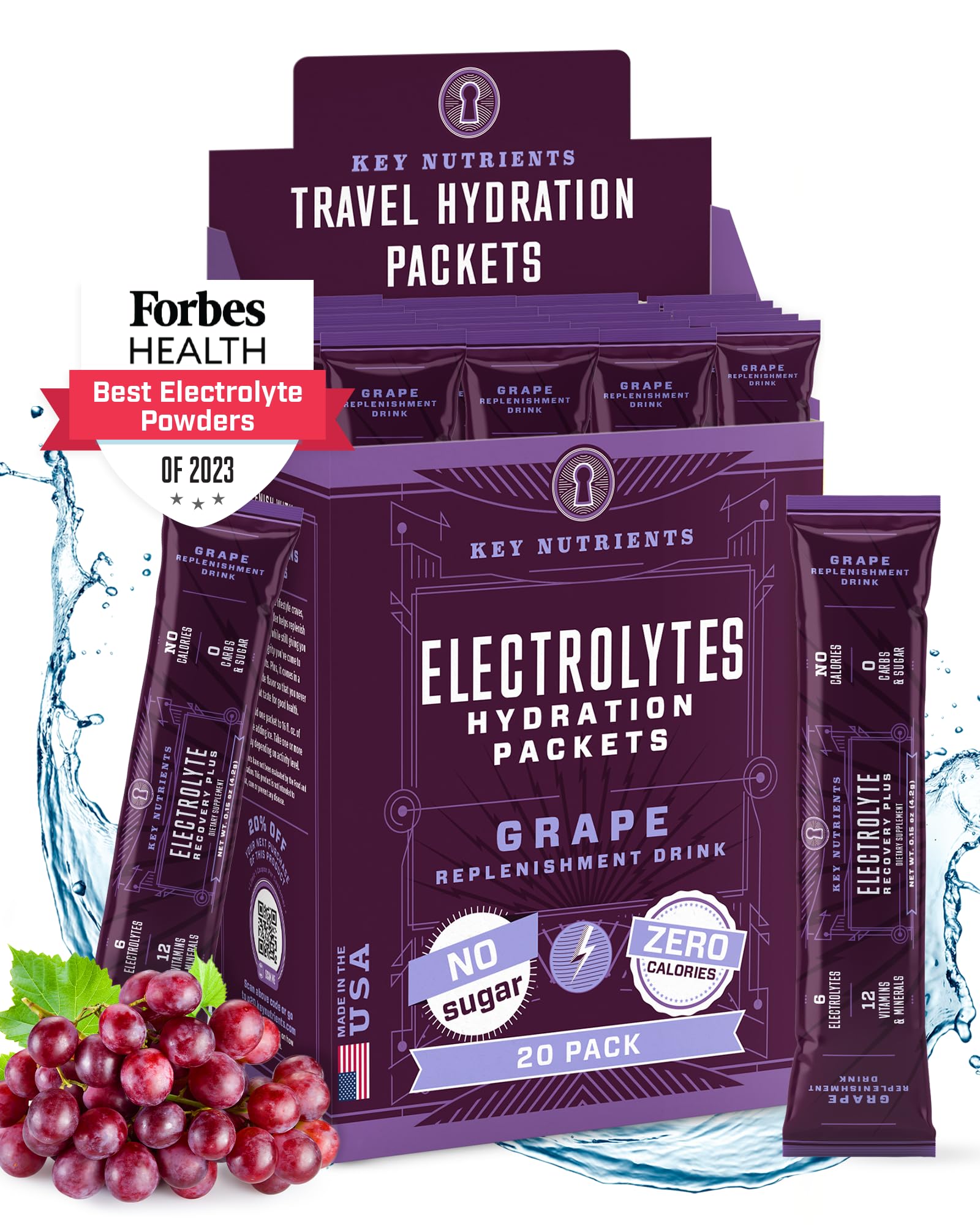 KEY NUTRIENTS Multivitamin Electrolytes Powder Packets - Fruity Grape Post Workout and Recovery 20 Pack Hydration Packets - Travel Hydration Powder - No Sugar, No Calories