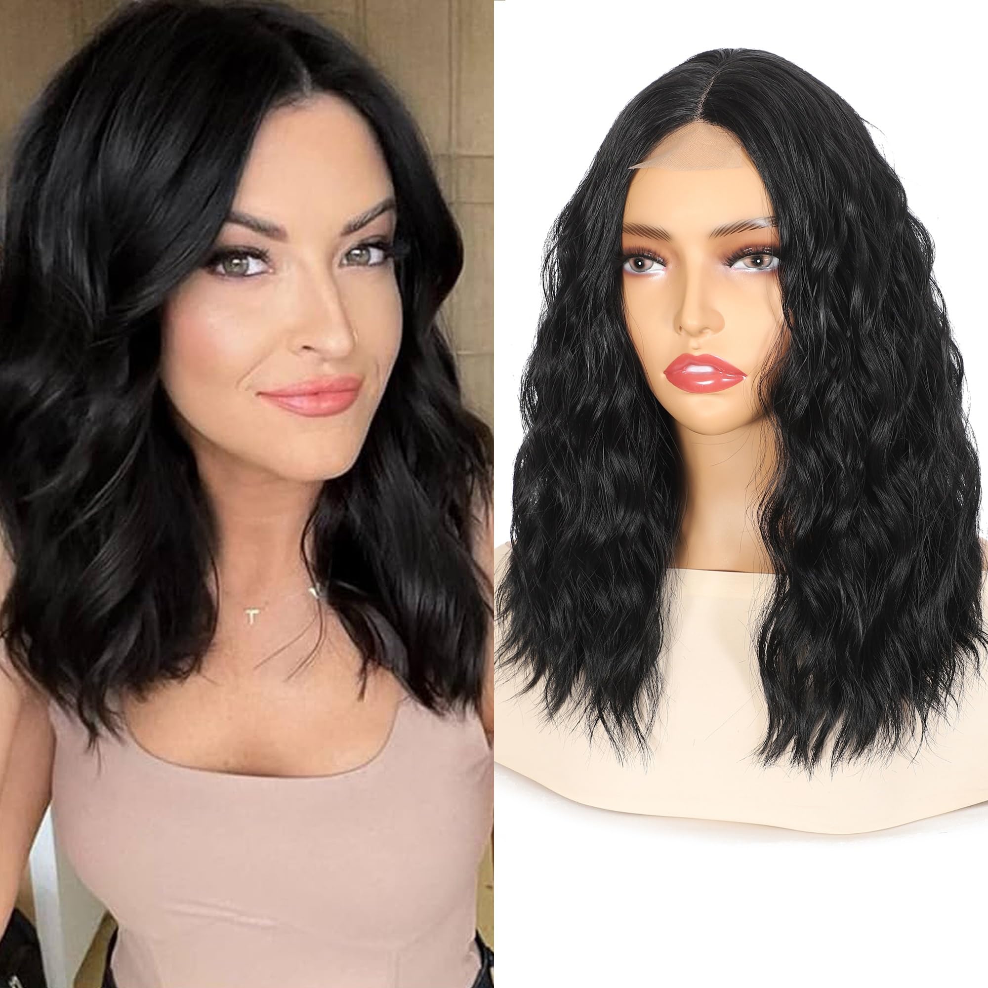 Fabunity 18inch Black Wig Middle Part Synthetic Lace Front Body Wave Glueless Wig Natural Looking for Women Daily Use (1B)