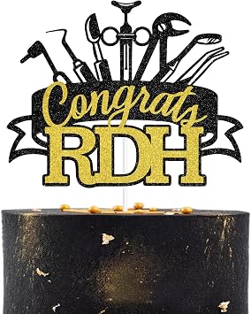 Congrats RDH Cake Topper, Congrats Dentist/Holy Molar You Did It, Dentist Graduation Party Decorations Black and Gold Glitter