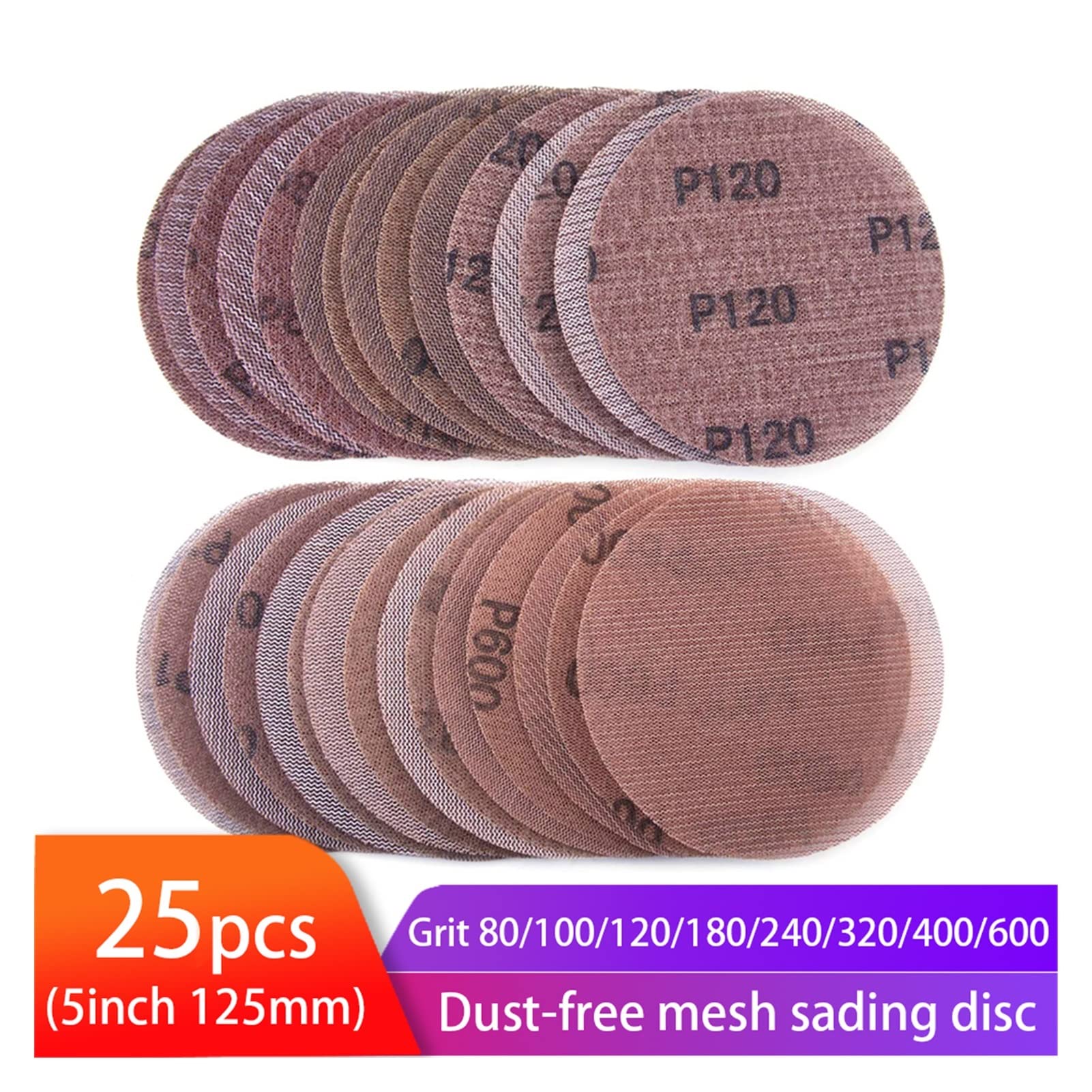 Papel de lija abrasivo ZSBLXHHJD Paquete de 25 pulgadas de 125 mm de malla de anillos de lijado y en forma de anillo. Abrasivo de polvo sin polvo anti-obstruido. Papel de lijado afilado, adecuado for