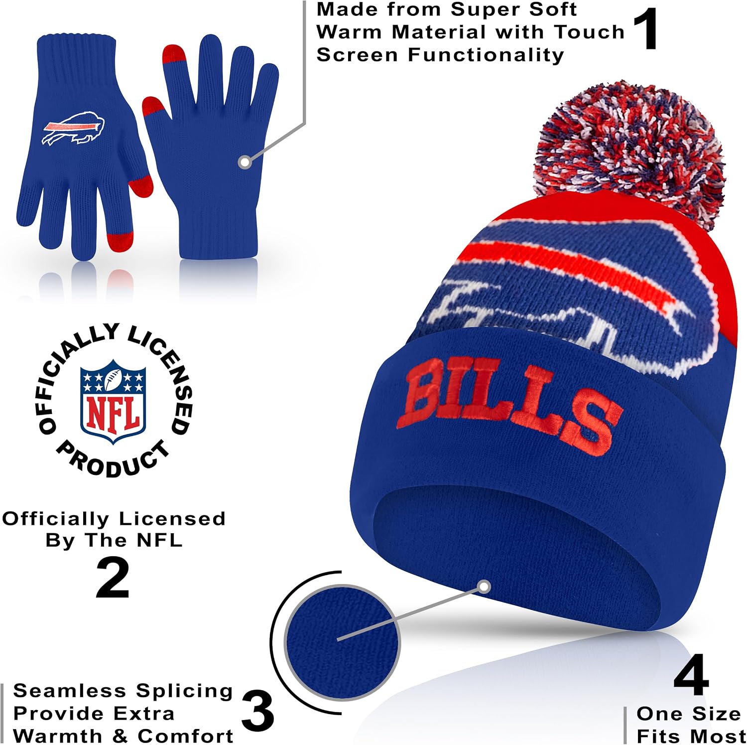 Ultra Game Youth NFL Official Super Soft Winter Beanie Knit Hat With Extra Warm Touch Screen Gloves
