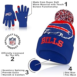 Ultra Game NFL Official Youth Super Soft Winter Beanie Knit Hat with Extra Warm Touch Screen Gloves, Buffalo Bills, Team Color 2, 1SIZE