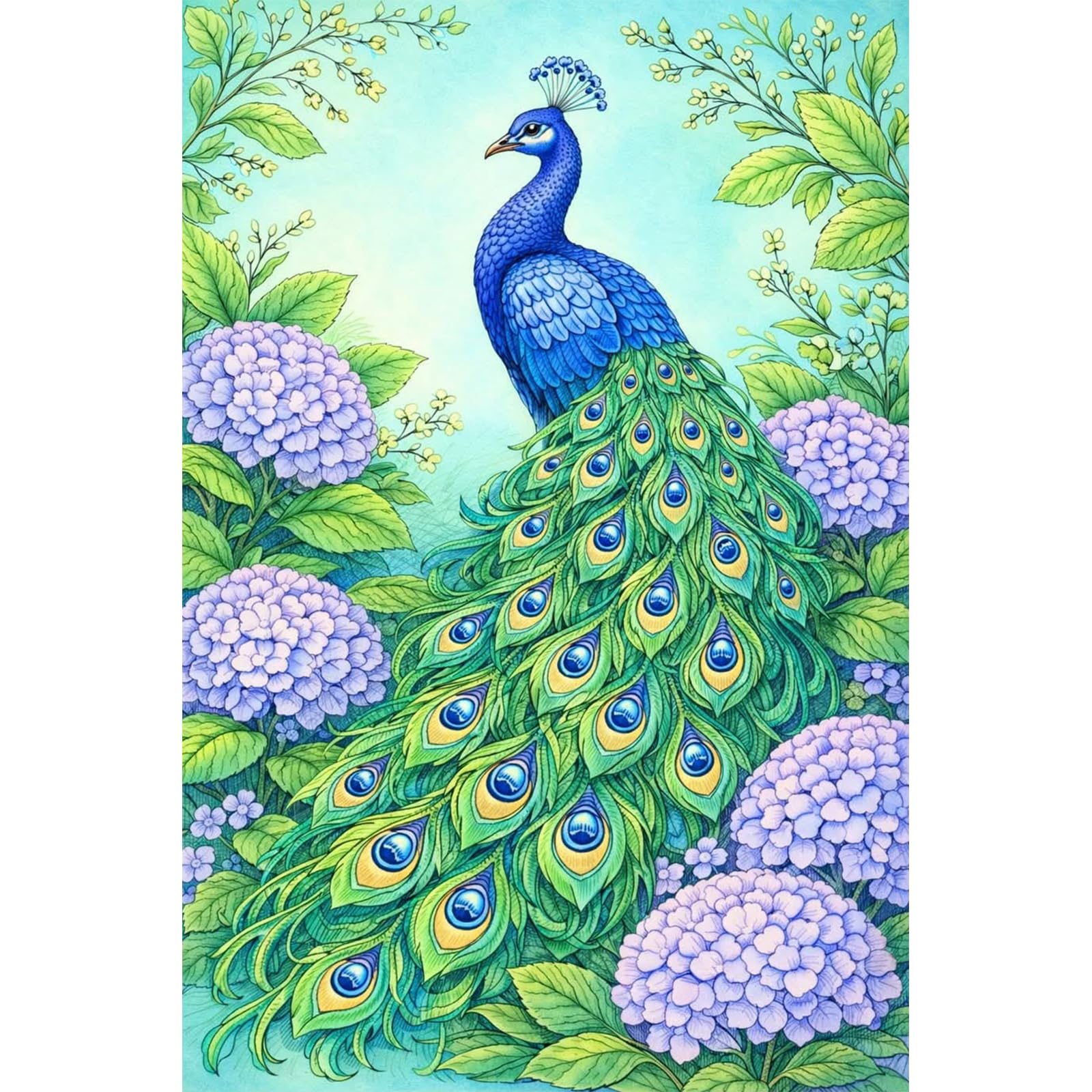 Poetrydraw Hydrangeas And Peacocks Hydrangeas & Peacocks 5D Round Drill Diamond Art Kit, Diy Wall Decor & Gift, 11.81X17.7in