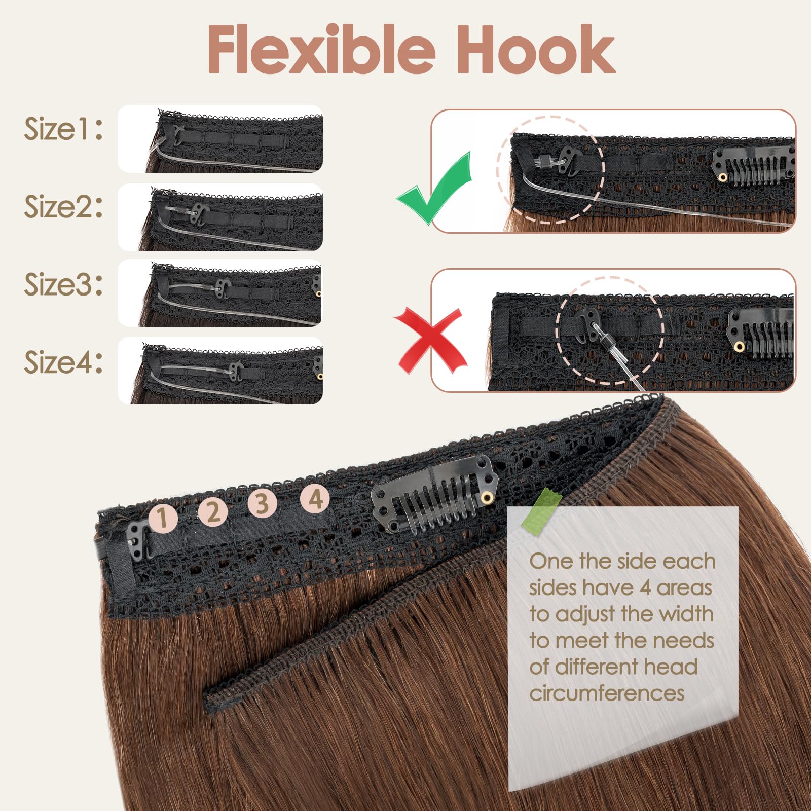 S-noilite Wire Hair Extensions Human Hair Medium Brown Invisible Fish Line Hair Extensions Real Hair One Piece Human Hair Extensions 14 Inch 60g - Image 3