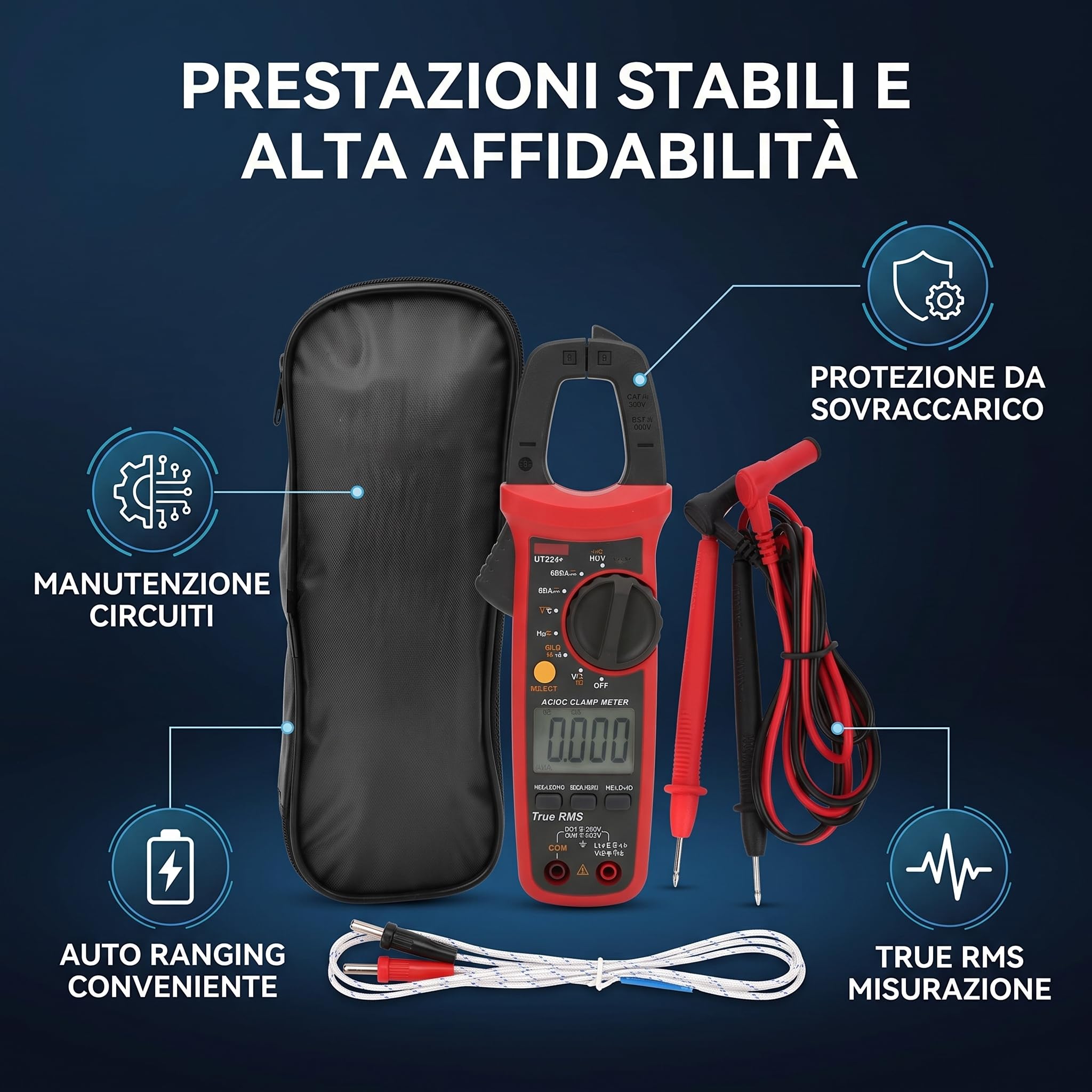 UT204+ Pinza Amperimétrica Digital de Mano Rango Automático True RMS AC DC Voltaje Corriente Resistencia Capacitancia Probador para Mantenimiento Profesional Material ABS