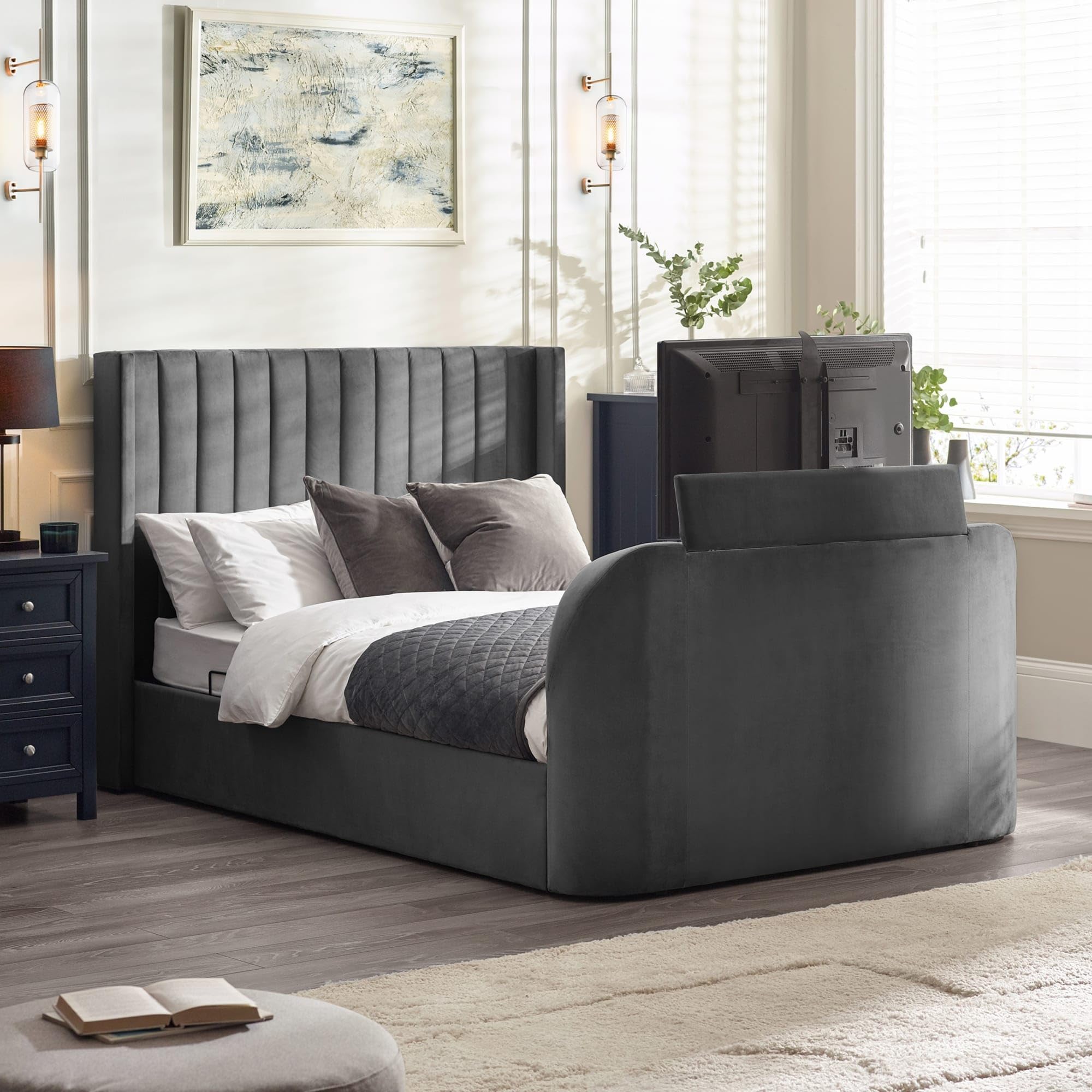 Julian Bowen Clara Dark Grey Fabric Ottoman TV Bed Frame - 6ft Super King Size
