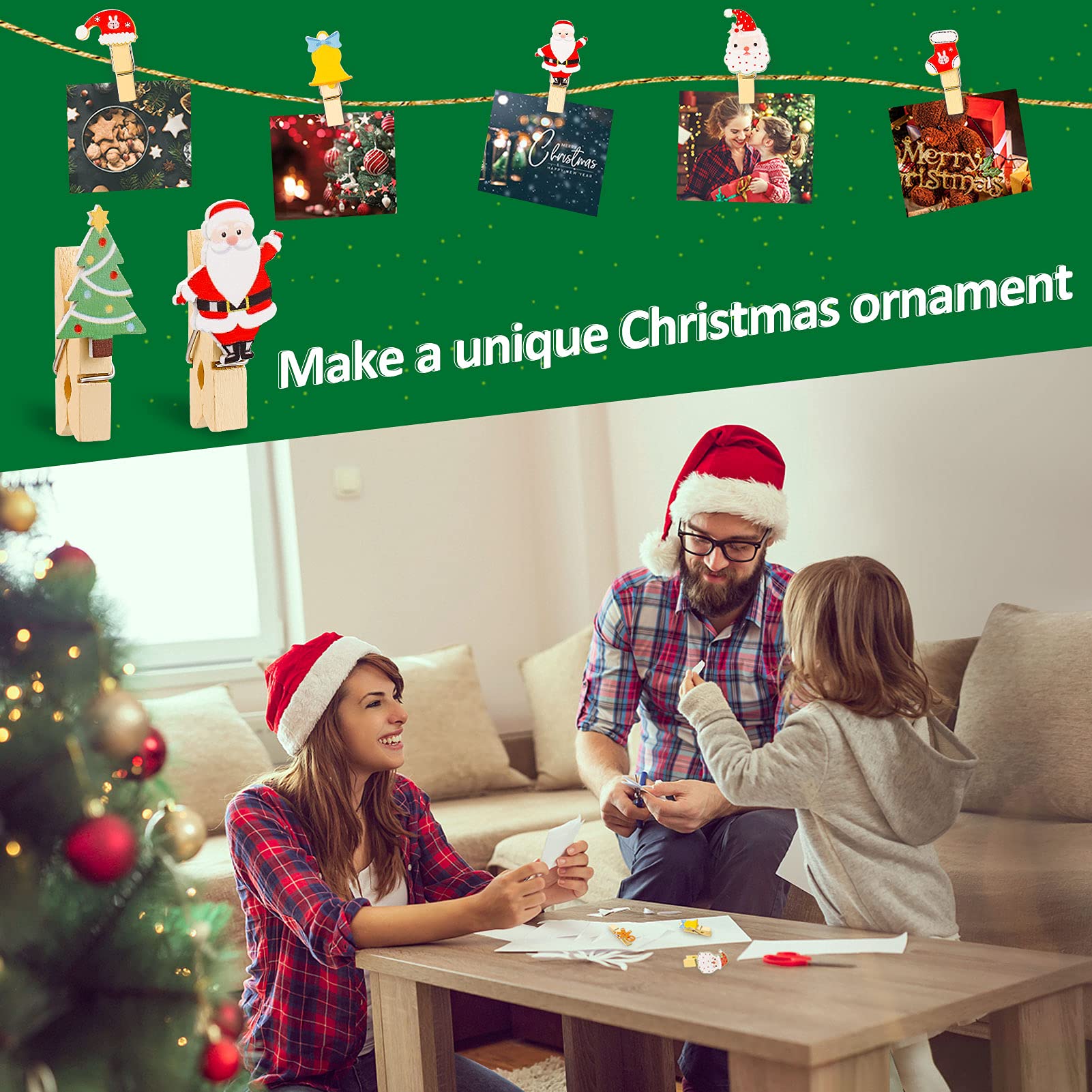 30 Stks Kerst Houten Clips, Mini Foto Pinnen met Jute String voor Card Ornamenten Opknoping Kerstboom Wanddecoratie