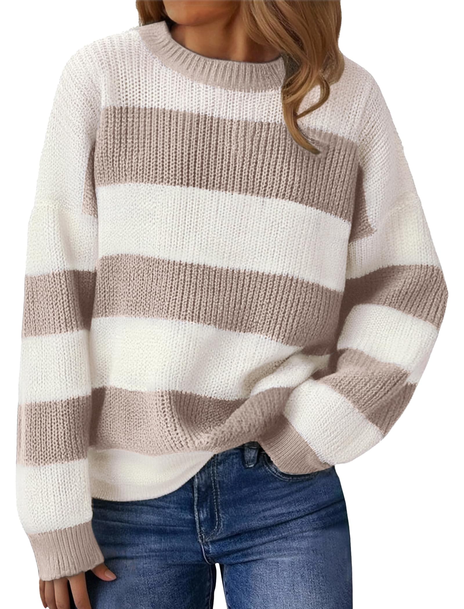 SunnyMelody Womens Cute Color Block Striped Sweater Fall 2025 Pullover Knit Tops - Ribbed Crew Neck Lightweight Loose