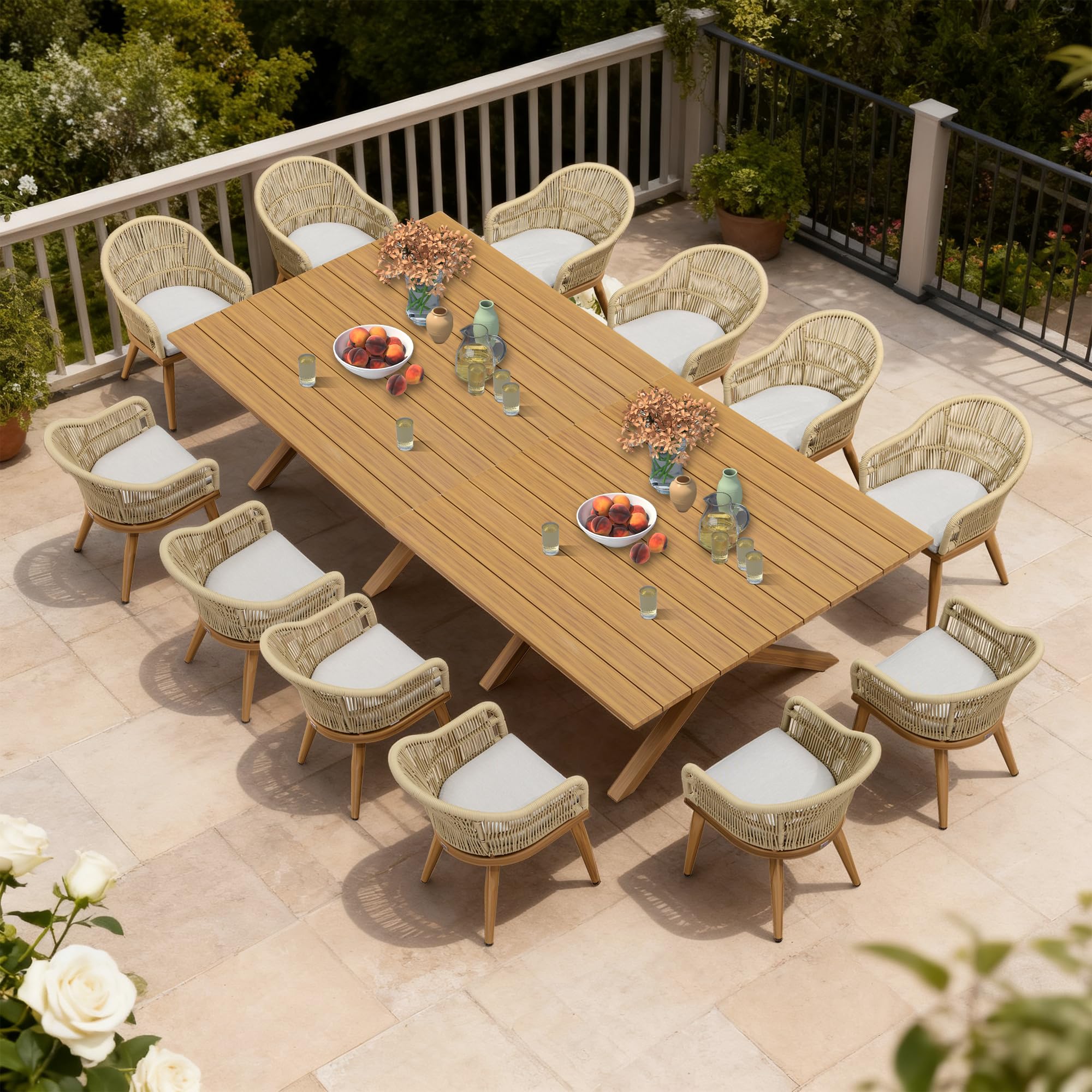PURPLE LEAF 14 Pieces Patio Dining Set with Cushion Rattan Modern, Teak