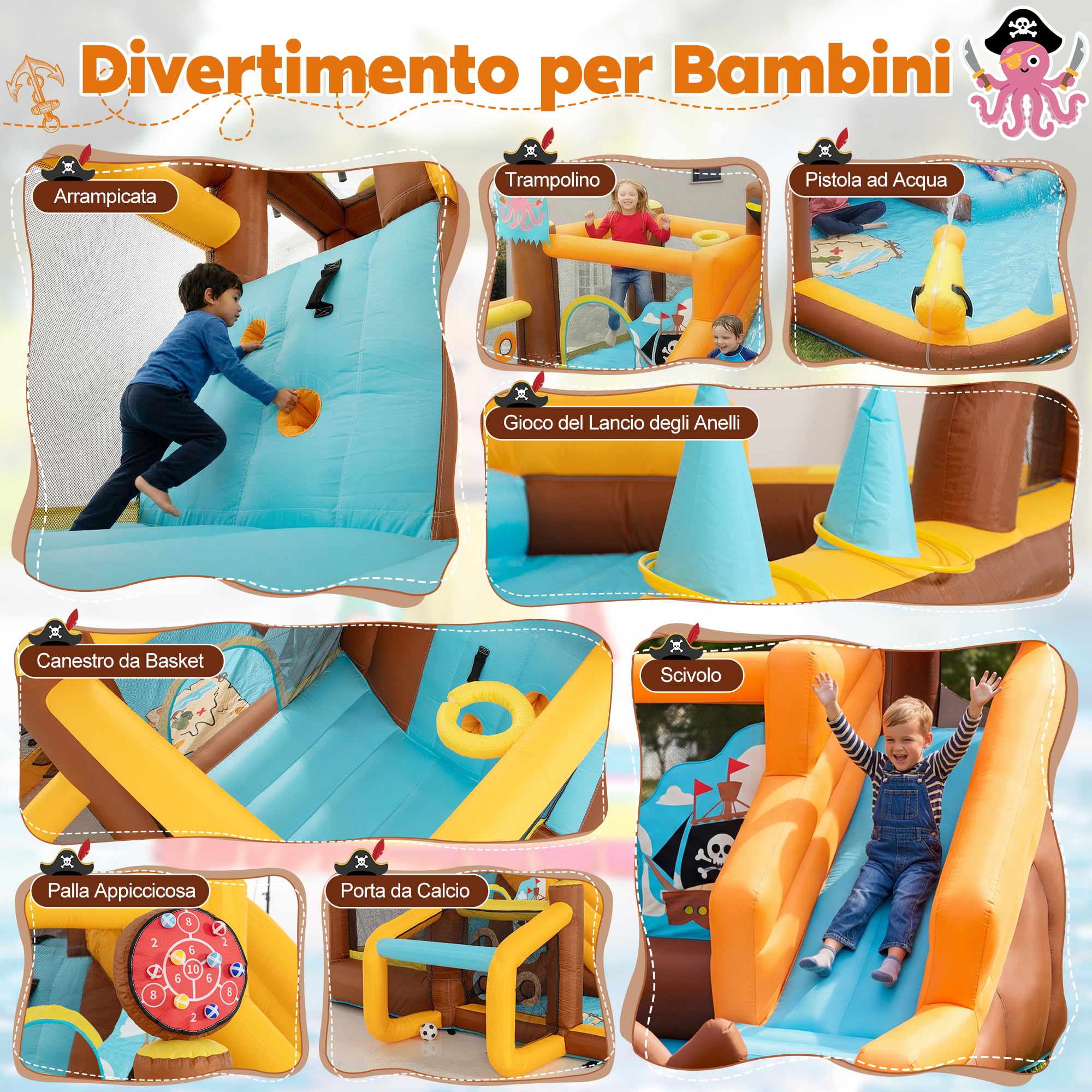 UEV Parco Gonfiabile 394x326x243cm con Unica Tema Navi Pirata | Castelli Gonfiabili con 8-in-1 Giochi per 4 Bambini in 3-8 Anni, Parco Giochi con Soffiatore 450W per Interno ed Esterno