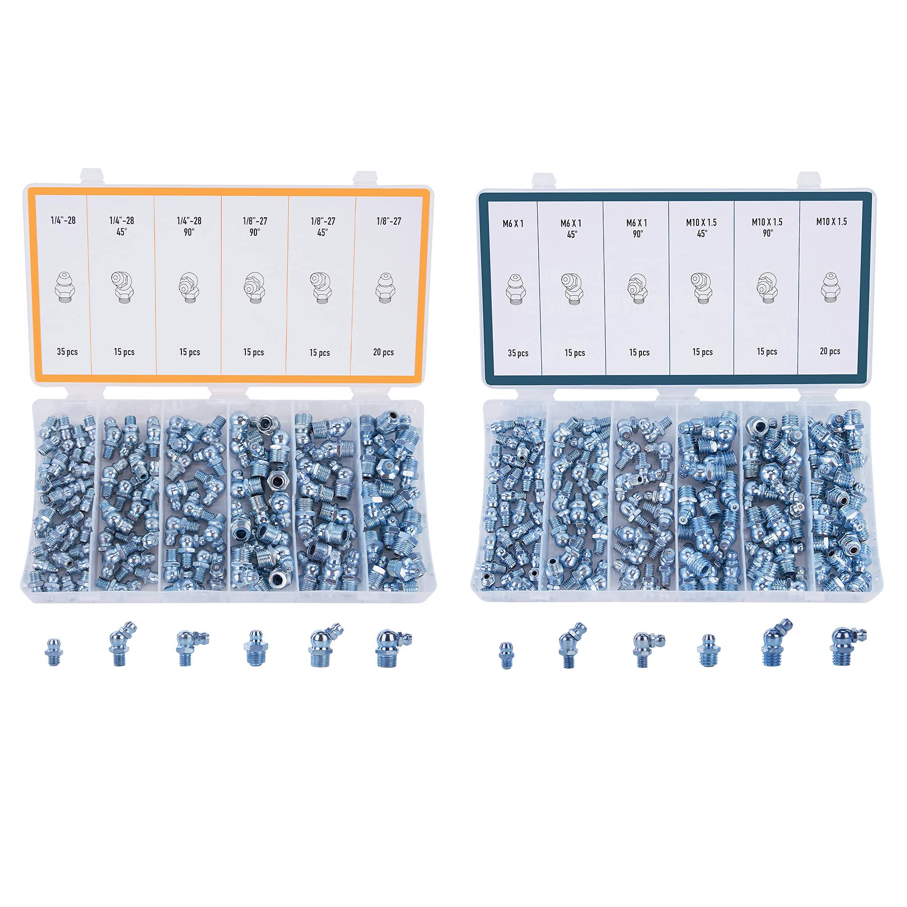 ZELCAN 230pc SAE & Metric Grease Fittings Kit, Hydraulic Grease Zerk Assortment: 1/4" 1/8" M6 M10 Straight 45 90 Degree Zerks, Galvanized Steel Set