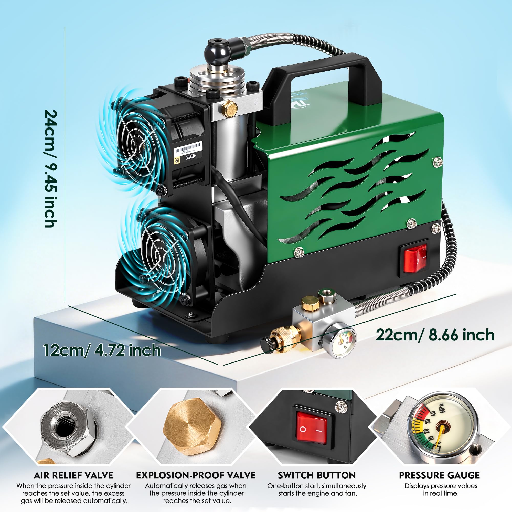 Tanque de Buceo TUDIVING de 0.5L, Tanque de pulmón con compresor, Mini Cilindro de oxígeno con máscara Facial Completa para Trabajo subacuático(Green S200Plus A3+Air Compressor)