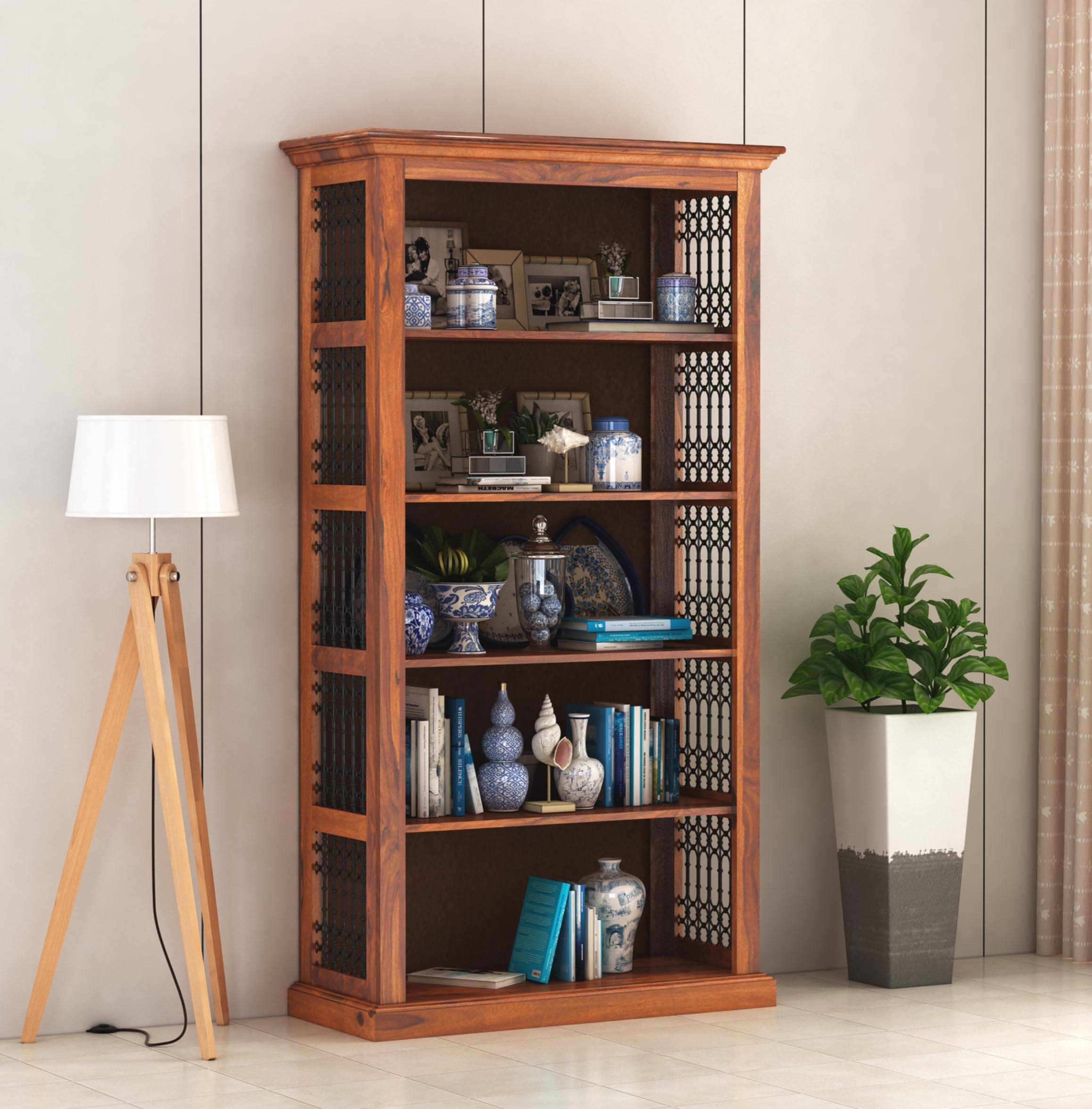Yoobure Sheesham Wood Free Standing Book Shelf | Multipurpose Bookshelf Storage Display Cabinet Book Rack with 5 Shelves for Office | Decorative Bookcase for Home Decor | Honey Finish