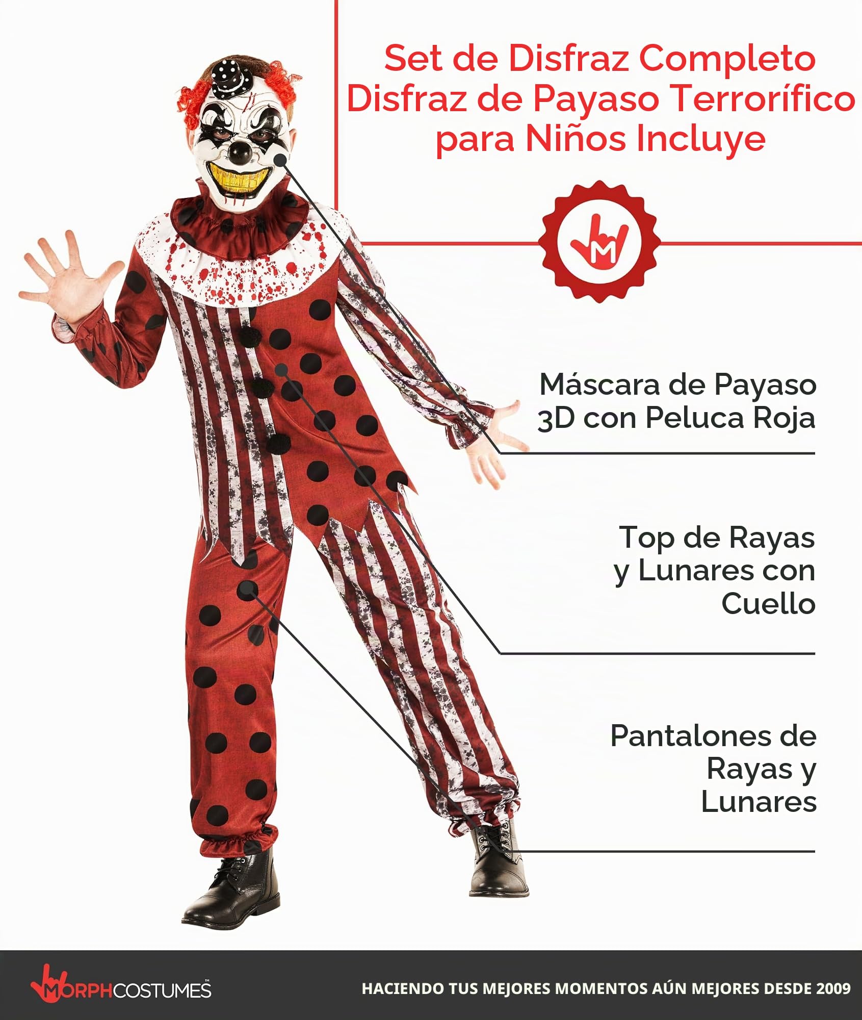 Morph Disfraz Payaso Siniestro Niño, Disfraz Halloween Niño