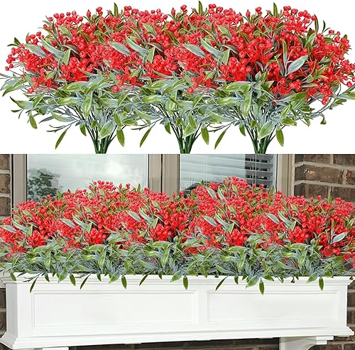 Dolicer 12 paquetes de flores artificiales para exteriores, plantas sintéticas para exteriores, resistentes a los rayos UV, plantas de plástico