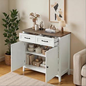 Xbro Kitchen Sideboard with Worktop, 2 Drawers & Double Door Storage Cabinet – Modern Farmhouse Buffet for Kitchen, Dining Room & Hallway, Grey