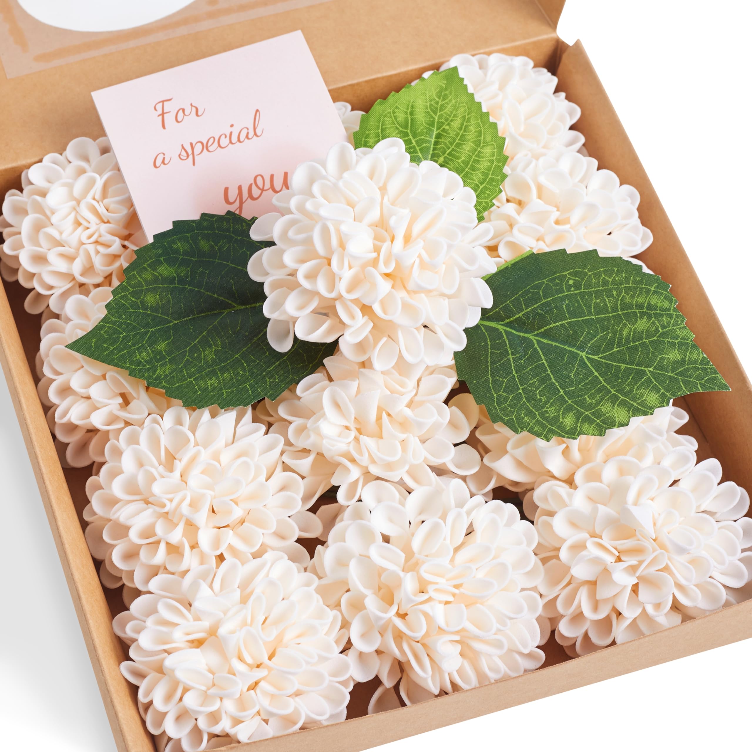Sahoottie 12 Pcs Champagne Artificial Chrysanthemum Flower Gift Box with Leaves and Stems Champagne Fake Foam Chrysanthemum Flowers for Home Decor,Wedding Party,Garden,Floral Arrangement
