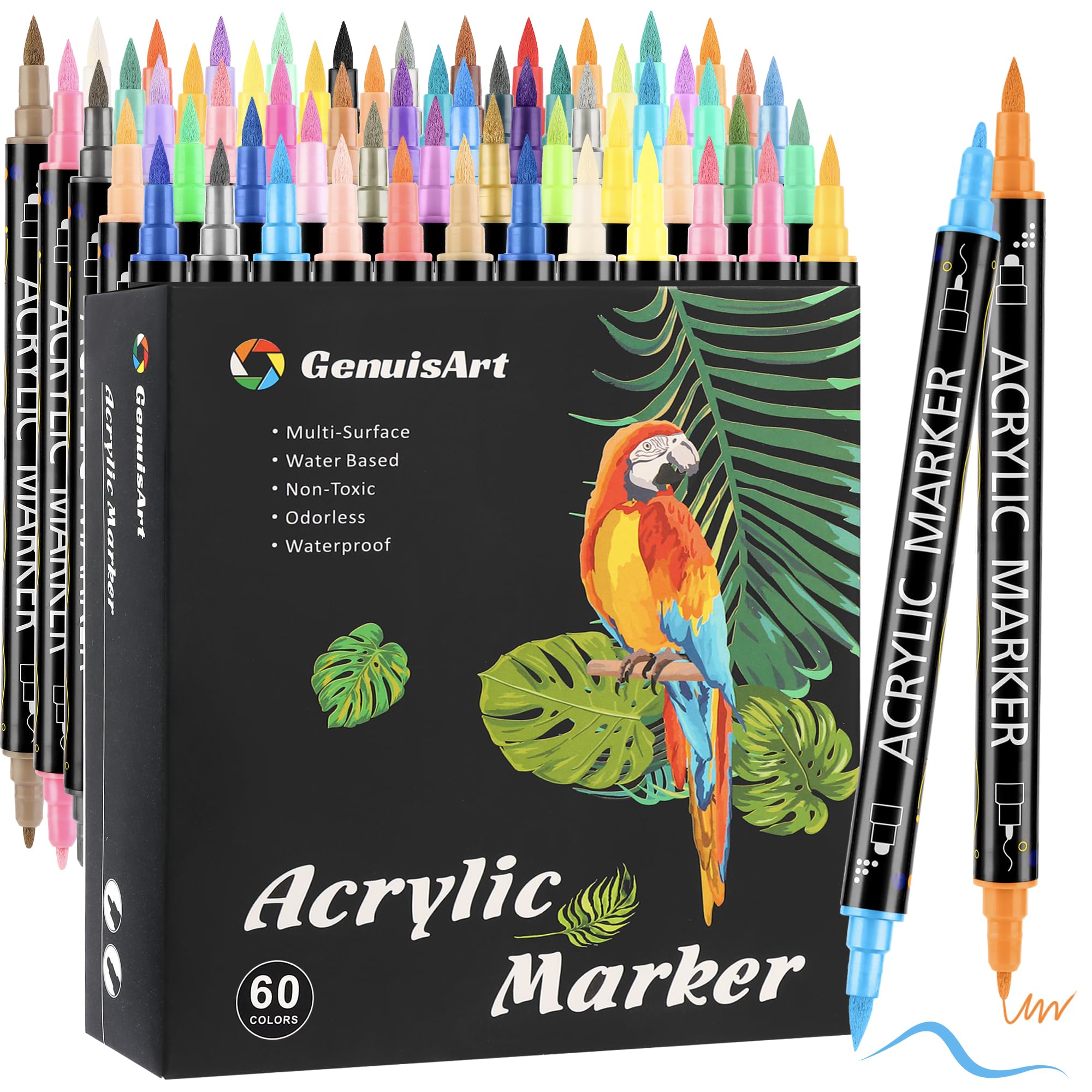 Acrylic Markers, 60 Colors Acrylic Markers Double Tipped Permanent for Rock Painting, Paper, Wood, Egg, Canvas, Quick Dry, Non-Toxic and Odorless