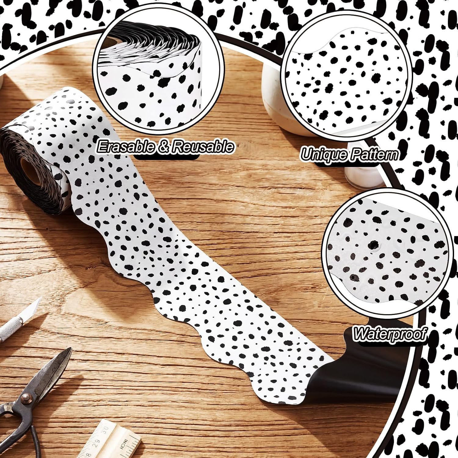 Tenceur 48 ft x 2.76 Inch Magnetic Borders, Scalloped, Black Irregular Dots image 3