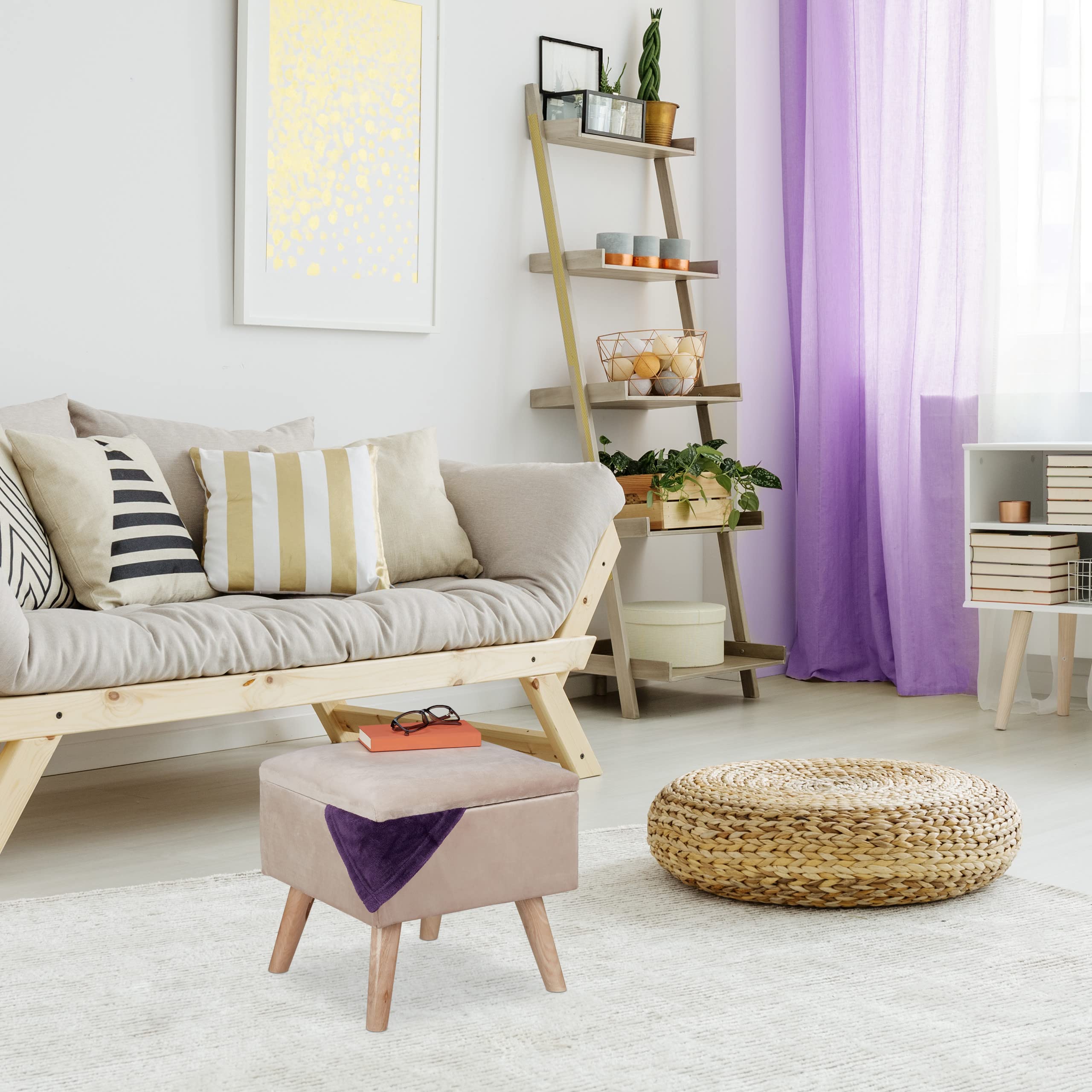 Relaxdays Sgabello Poggiapiedi, Velluto, Gambe in Legno di Eucalipto, Pouf Imbottito, Scomparto, HLP 40x40x40 cm, Crema