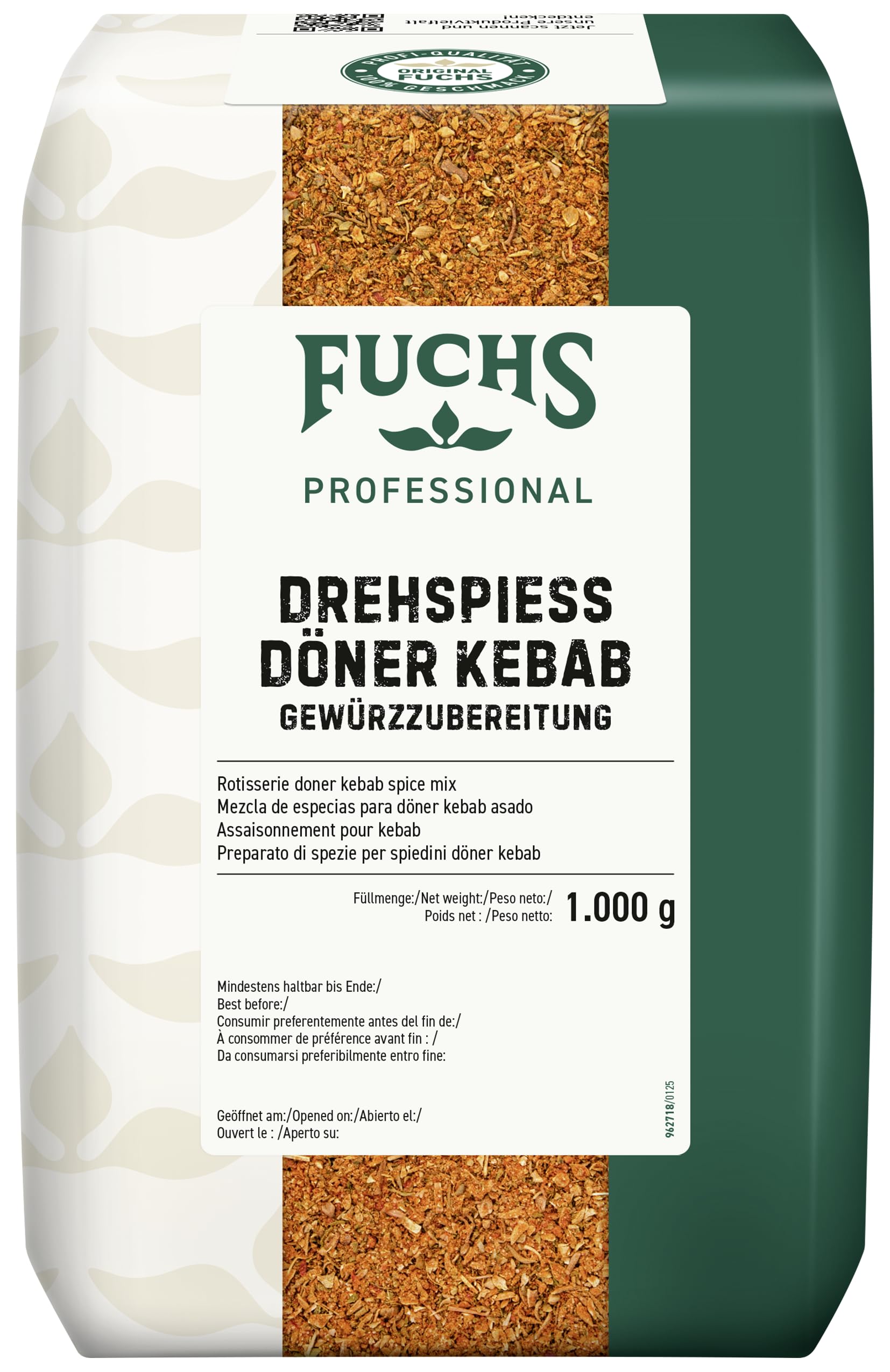 Fuchs Professional - Drehspiess Döner Kebab Gewürzzubereitung | Gewürz für den typischen-Döner Geschmack | Profi-Qualität für Großverbraucher und Gastronomie | 1 kg im recyclebaren Beutel
