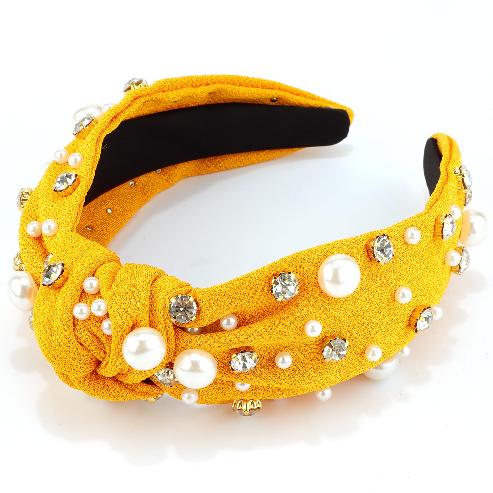 VELSCRUN Yellow Headband Pearl Knotted Headbands for Women Girls White Pearl Rhinestone Crystal Hair Band Top Knot Wide Head Band Holiday Headband