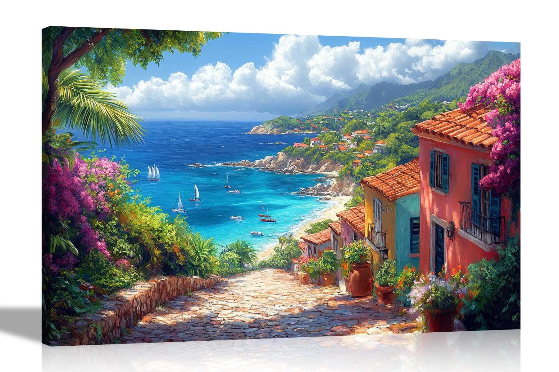 Artley Prints Charming Caribbean Coast - Tropical Landscape Mountain Ocean View Framed Canvas Pictures Living Room Décor Wall Prints Large 86 X 61Cm (34 X 24 Inches) A1